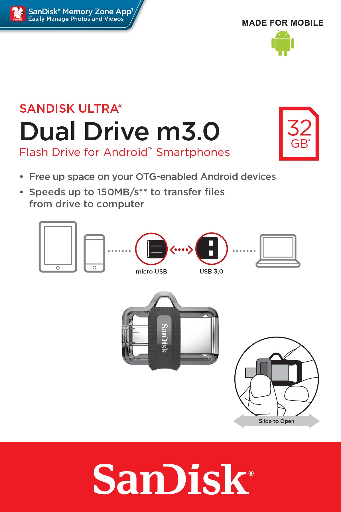 SanDisk Ultra Dual Drive m3.0 USB-Stick – 32 GB, USB 3.0, 130 MB/s