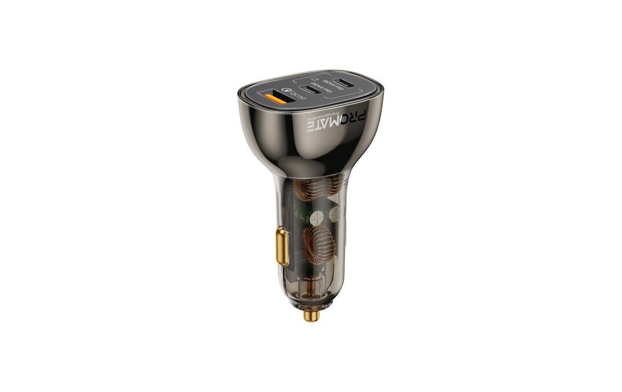 Promate TransDrive-80W Auto-Ladegerät 80 W – USB-C×2, USB-A×1 – PD, QC 3.0 – 12V KFZ-Stecker – Schwarz
