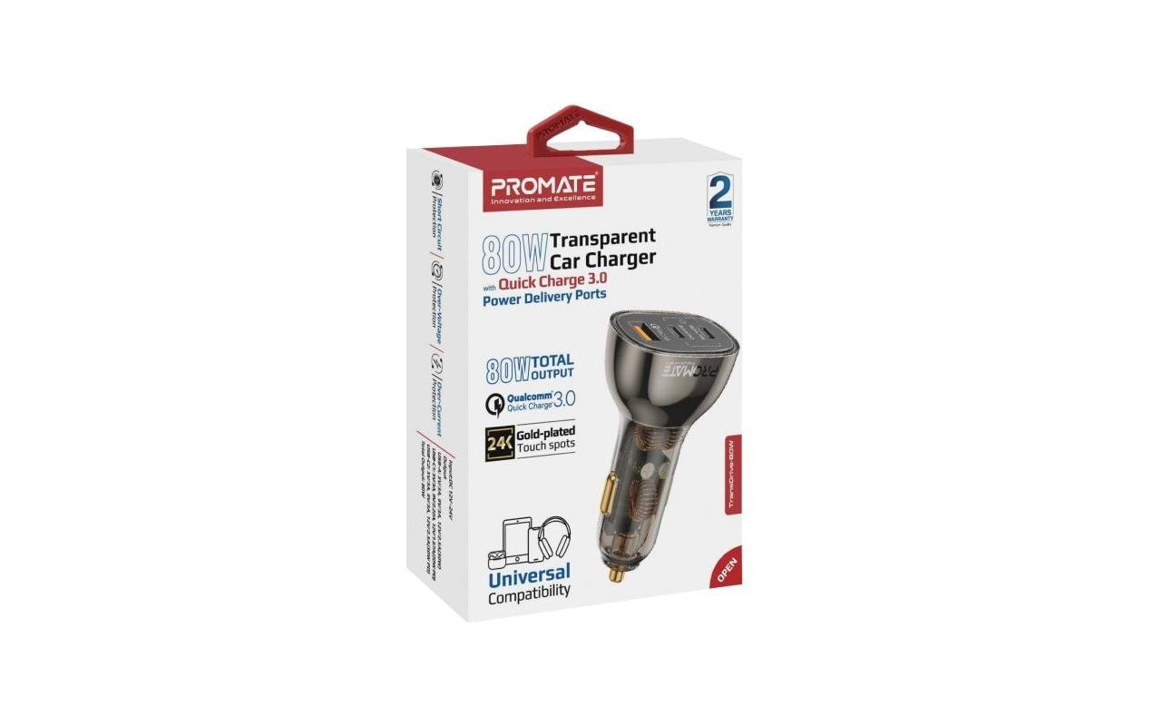 Promate TransDrive-80W Auto-Ladegerät 80 W – USB-C×2, USB-A×1 – PD, QC 3.0 – 12V KFZ-Stecker – Schwarz