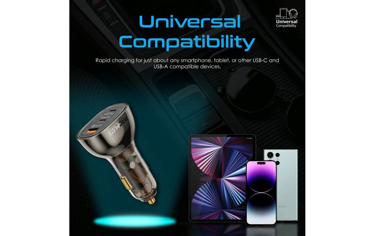 Promate TransDrive-80W Auto-Ladegerät 80 W – USB-C×2, USB-A×1 – PD, QC 3.0 – 12V KFZ-Stecker – Schwarz