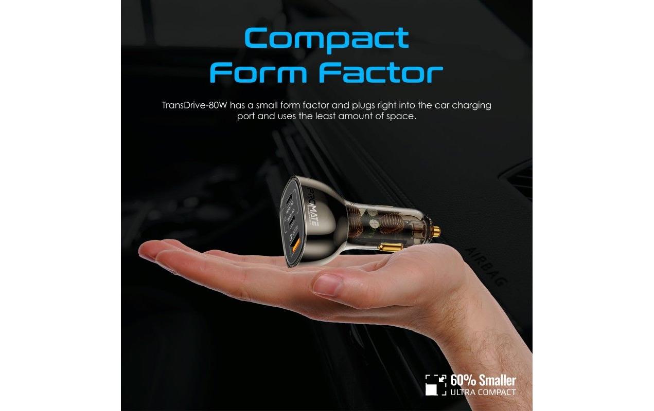 Promate TransDrive-80W Auto-Ladegerät 80 W – USB-C×2, USB-A×1 – PD, QC 3.0 – 12V KFZ-Stecker – Schwarz