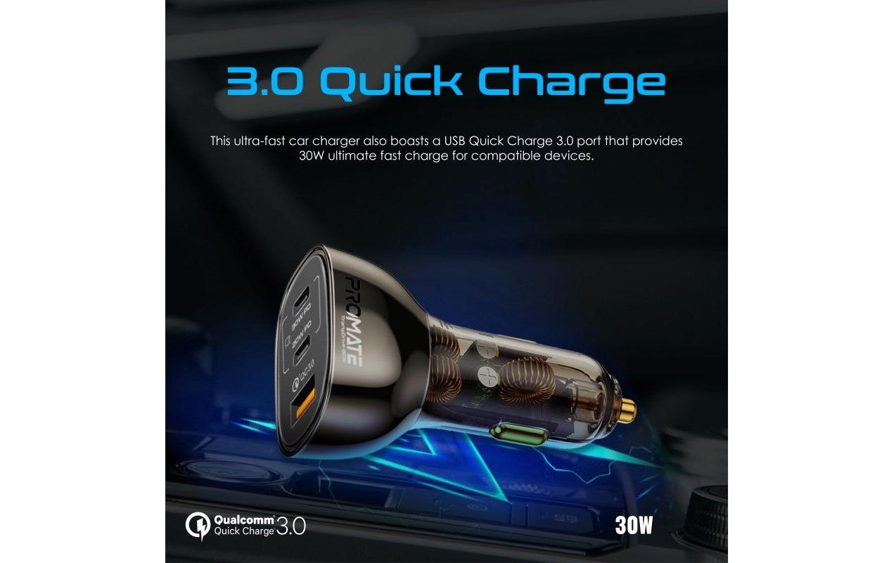 Promate TransDrive-80W Auto-Ladegerät 80 W – USB-C×2, USB-A×1 – PD, QC 3.0 – 12V KFZ-Stecker – Schwarz