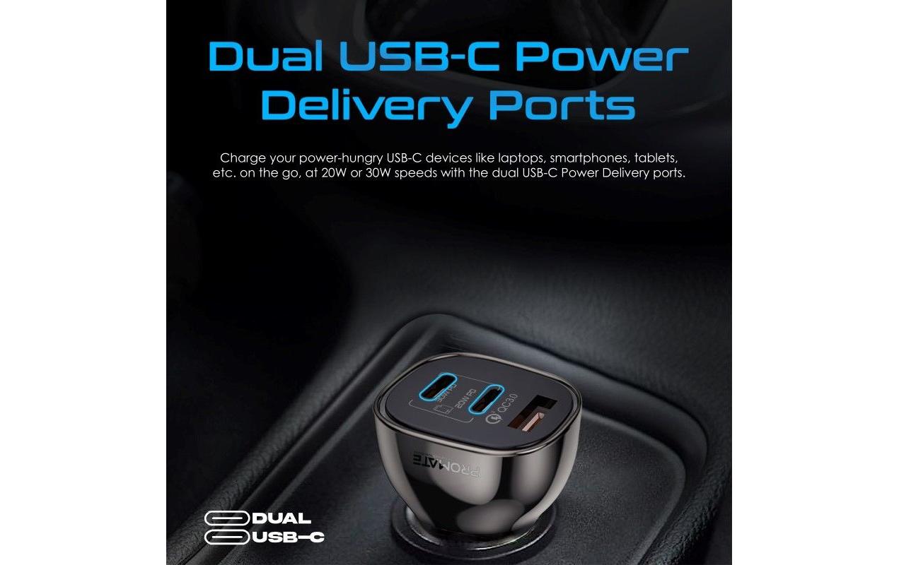 Promate TransDrive-80W Auto-Ladegerät 80 W – USB-C×2, USB-A×1 – PD, QC 3.0 – 12V KFZ-Stecker – Schwarz