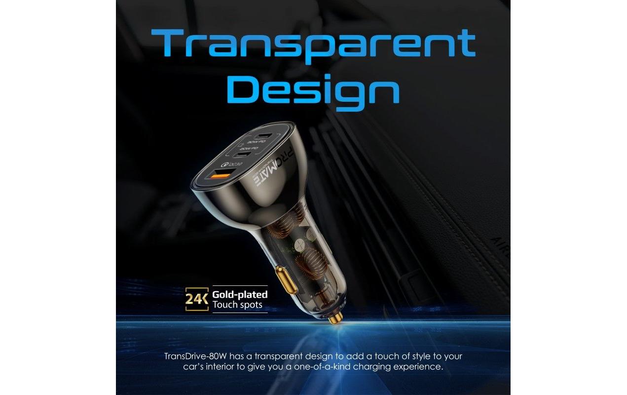 Promate TransDrive-80W Auto-Ladegerät 80 W – USB-C×2, USB-A×1 – PD, QC 3.0 – 12V KFZ-Stecker – Schwarz