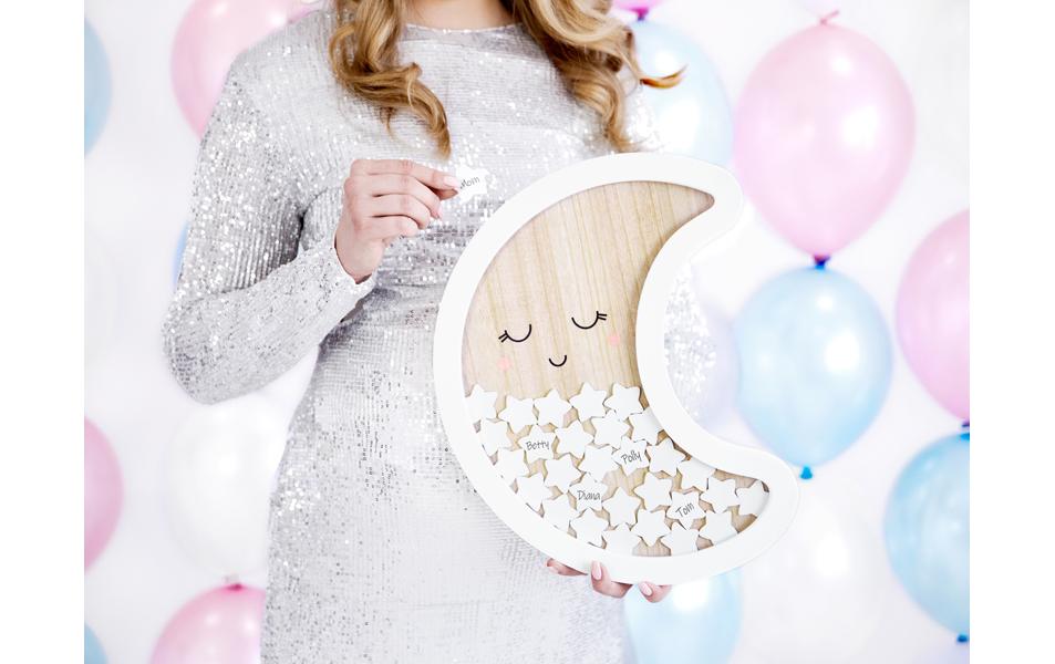 PartyDeco Mond Holz Gästebuch – 385 × 300 mm – Holzeinband, Weiss