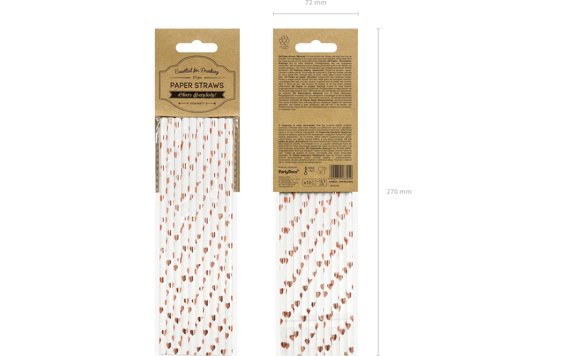 PartyDeco Papierstrohhalme, 19,5 cm, Roségold/Weiss – 10 Stk.