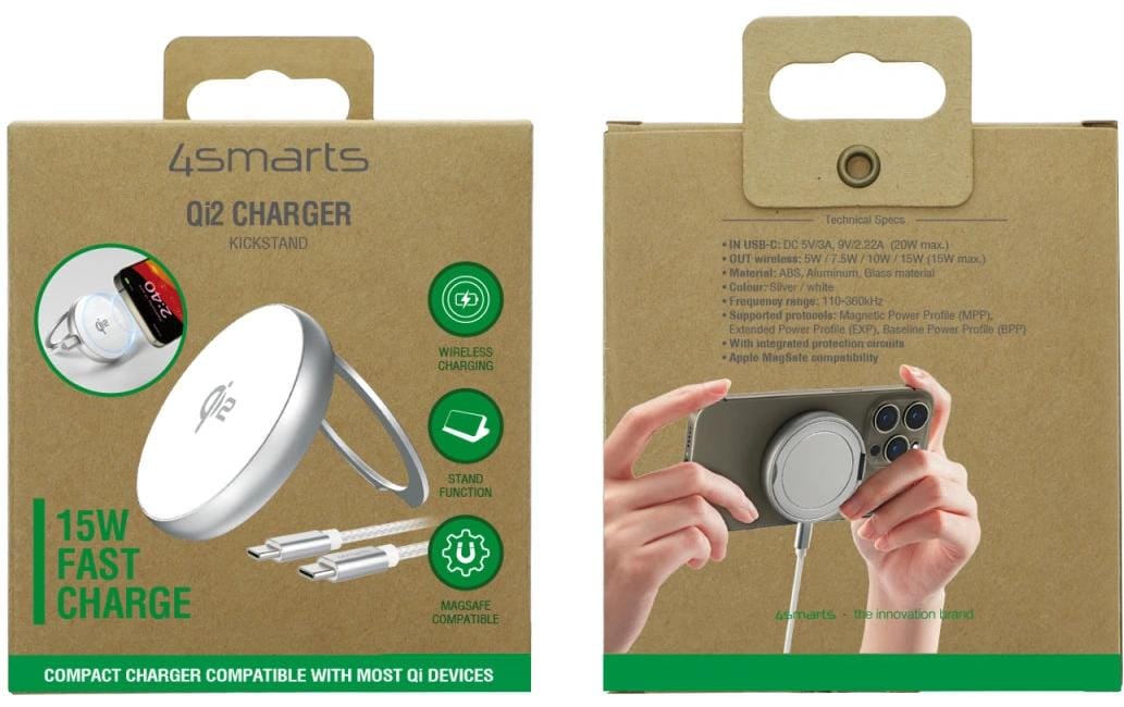 4smarts Kickstand Ladegerät – 15 W, 1× USB-C, Qi2, MagSafe – für iPhone 12, iPhone 13, iPhone 14 und andere