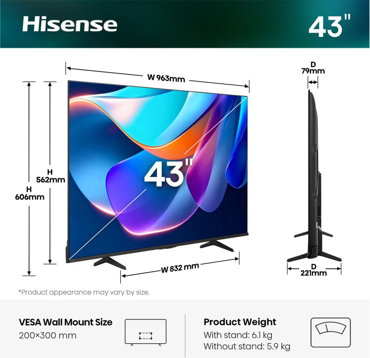 Hisense 43A6S – 43" TV – 4K UHD – LCD (Direct-LED) – VIDAA – 60 Hz – Dolby Vision
