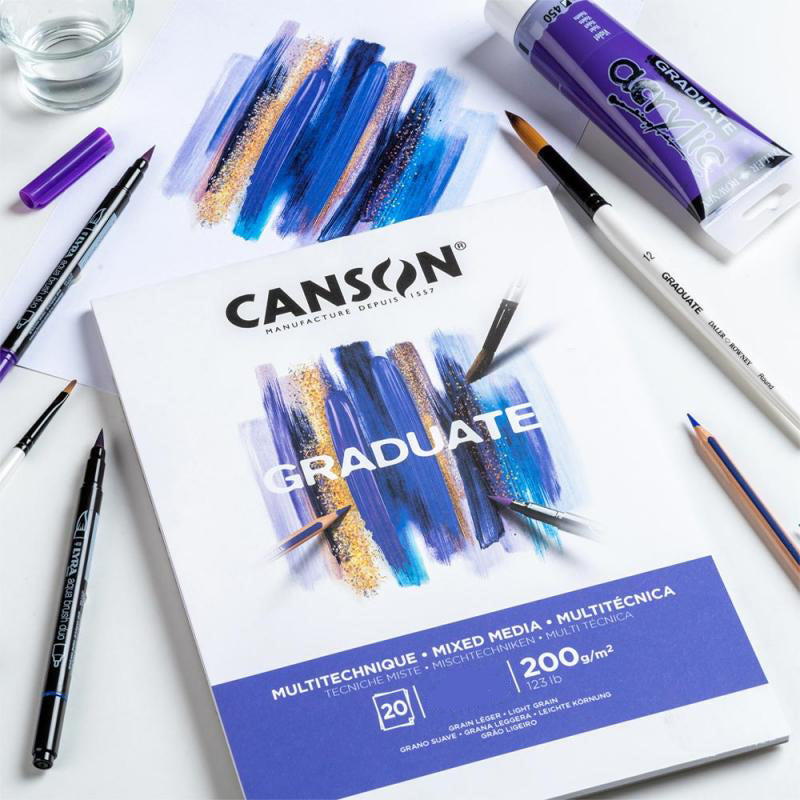 Canson Graduate Mixed Media Block – A4 – 200 g/m² – 20 Blatt – Weiss – für Aquarell, Marker & Graphit