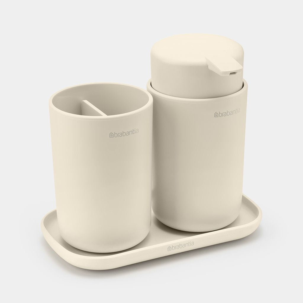Brabantia ReNew – Seifenspender, manuell, 250 ml, Kunststoff, beige (Set, 3-teilig)