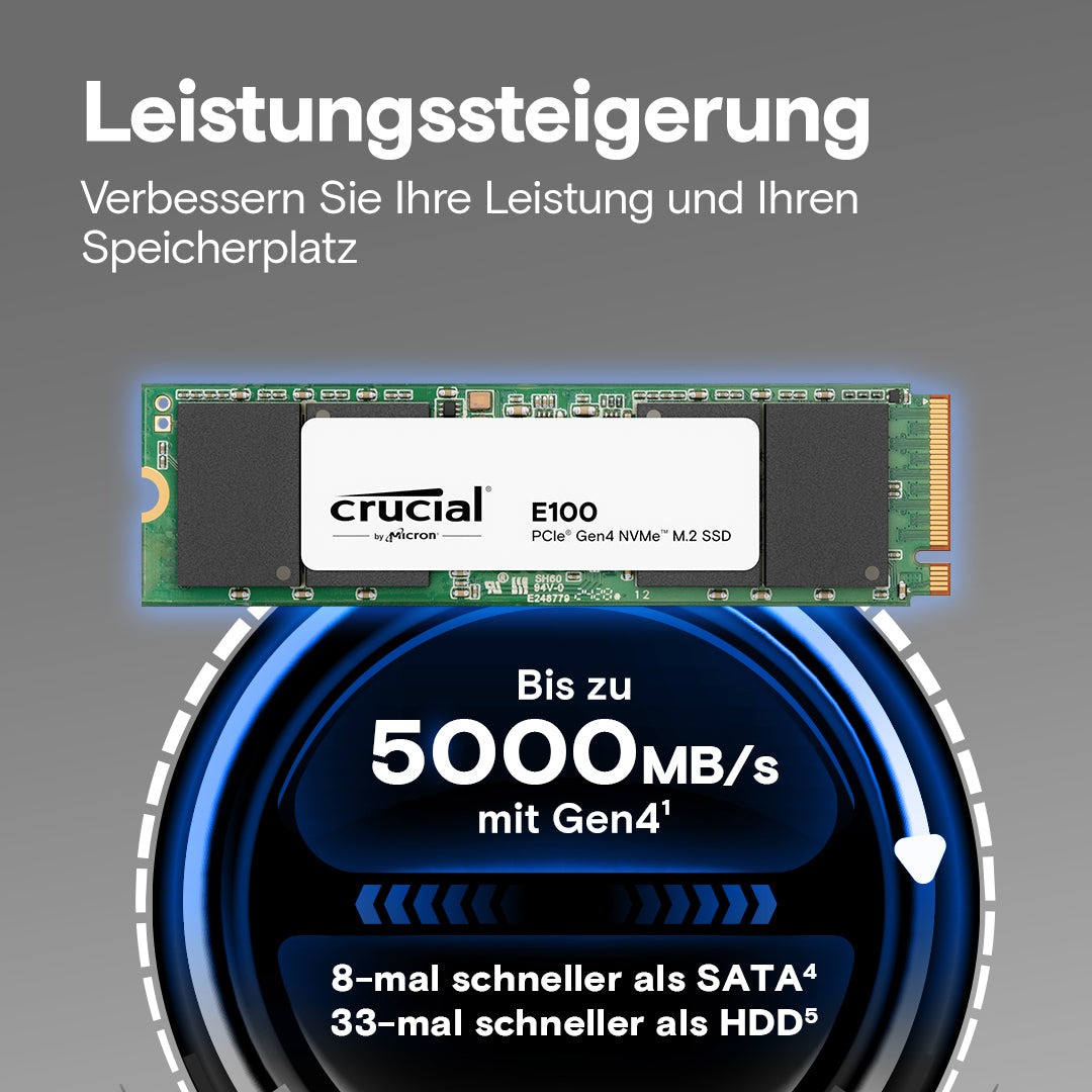 Crucial E100 2 TB – M.2 2280, NVMe, PCIe 4.0 x4, Lesen 5000 MB/s, Schreiben 4500 MB/s – für PC/Laptop