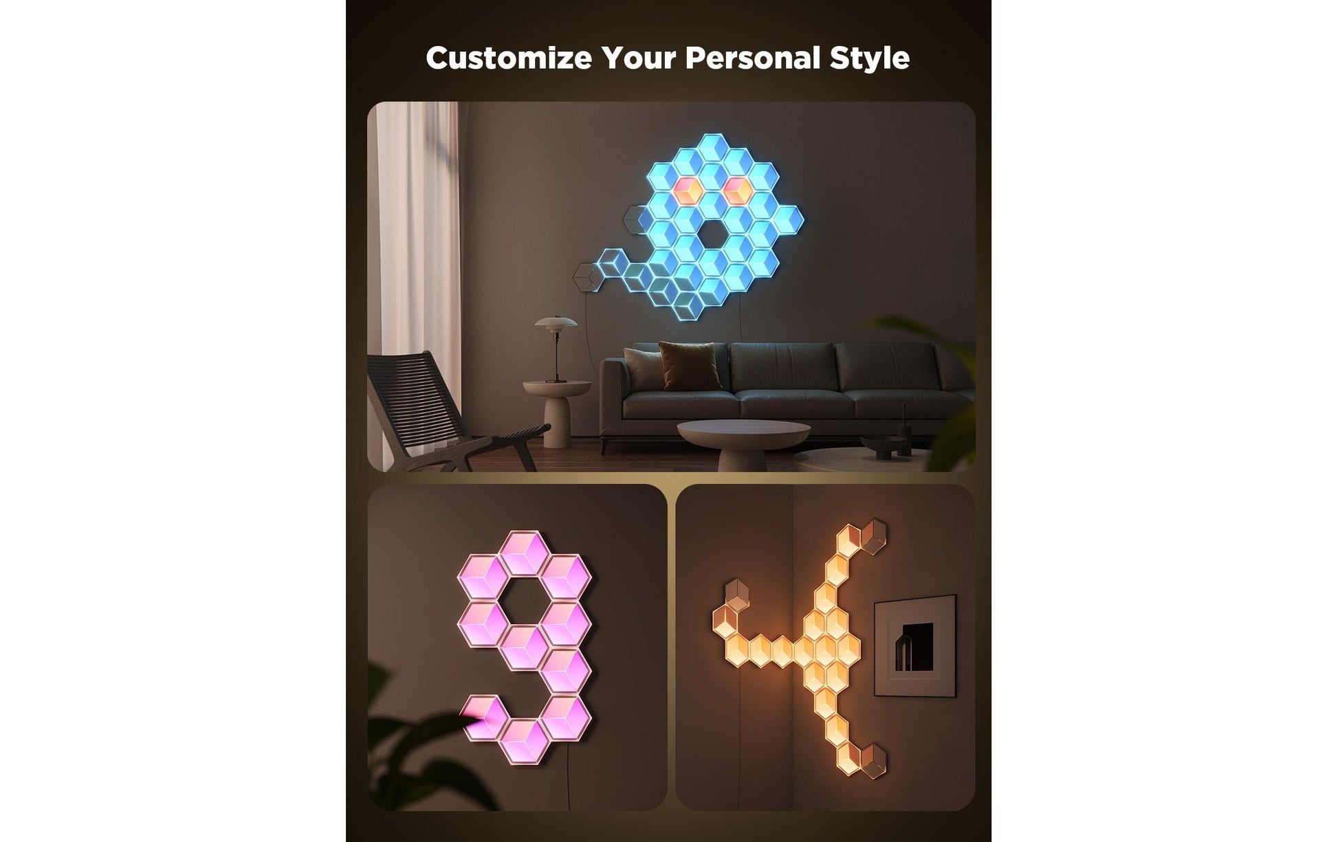 Govee Panel LED Glide Hexa Ultra – RGBIC, Bluetooth, Govee Home App – 72 W – Hellgrau