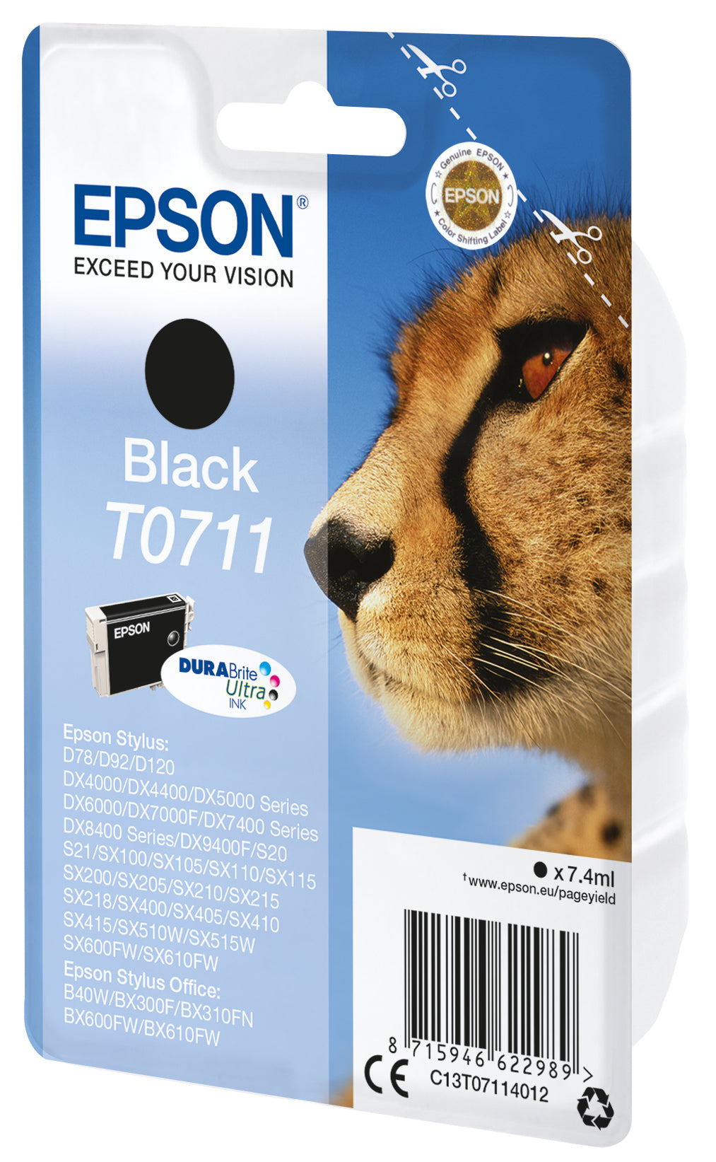Epson Tintenpatrone T0711 (C13T07114022), Schwarz, 250 Seiten, Original – für Stylus D78, D91, D92 und andere