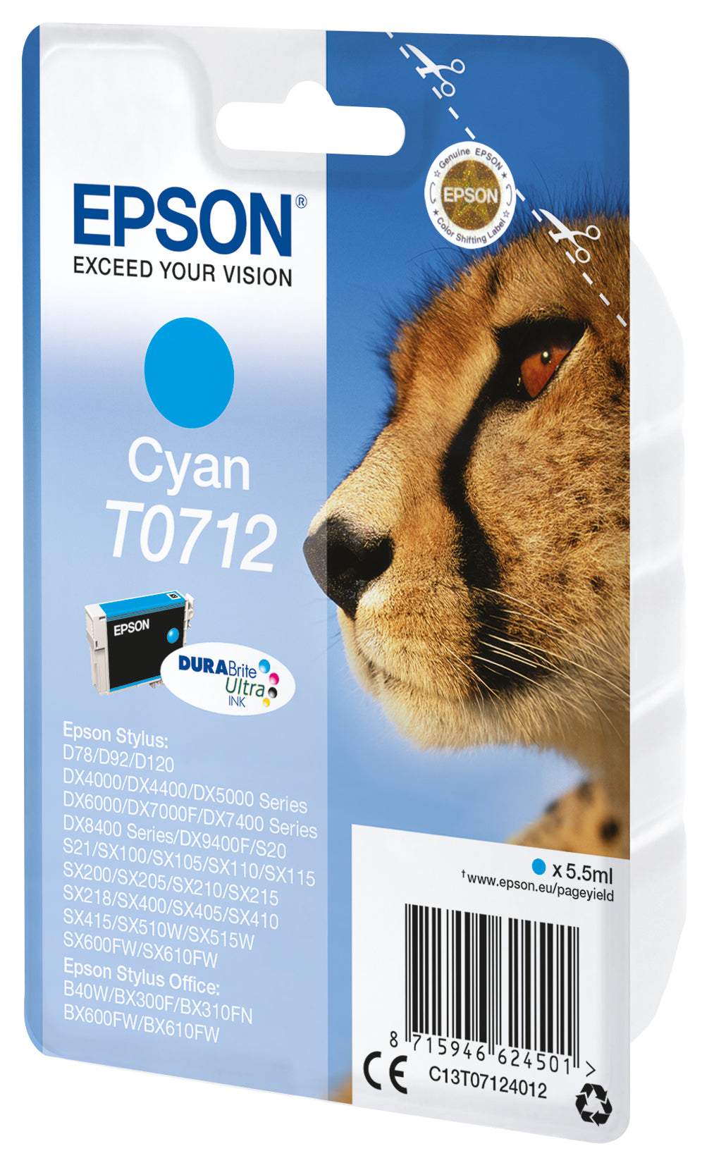 Epson T0712 Cyan Tintenpatrone (Original) – 495 Seiten – für Epson Stylus CX4300/DX4000/SX100 …