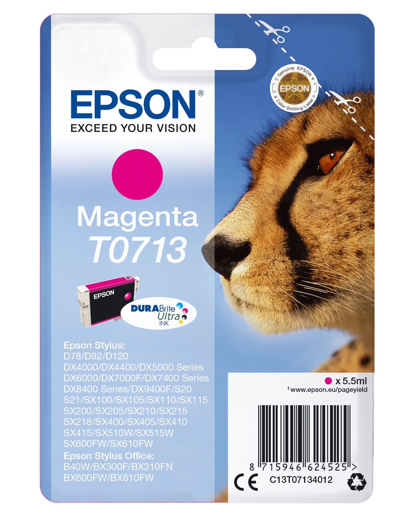 Epson Tintenpatrone T0713, Magenta, 250 Seiten – für Tintenstrahldrucker/Multifunktionsgeräte