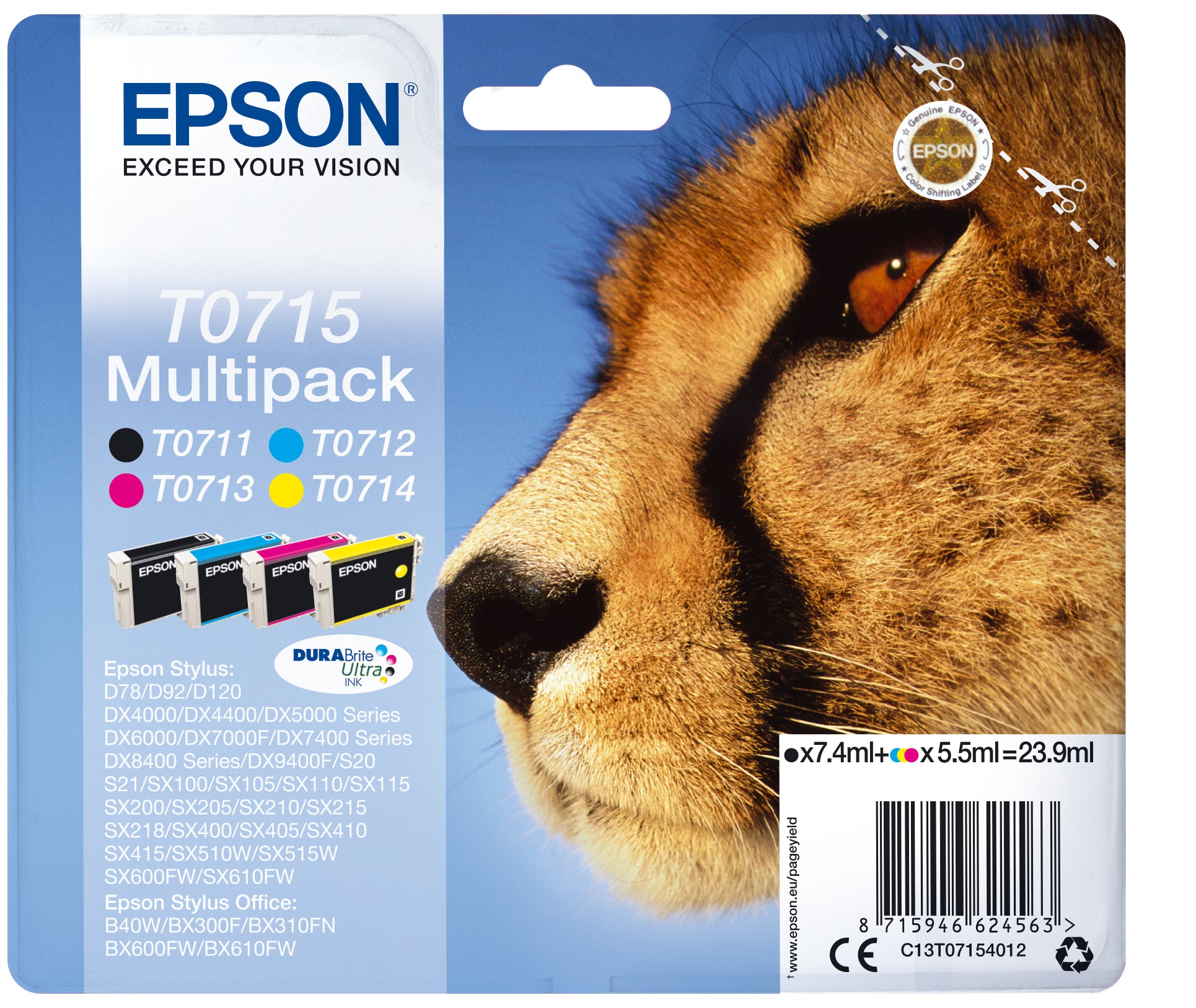 Epson Tintenpatronen-Multipack T0715, CMYK, 4er-Pack – für verschiedene Modelle