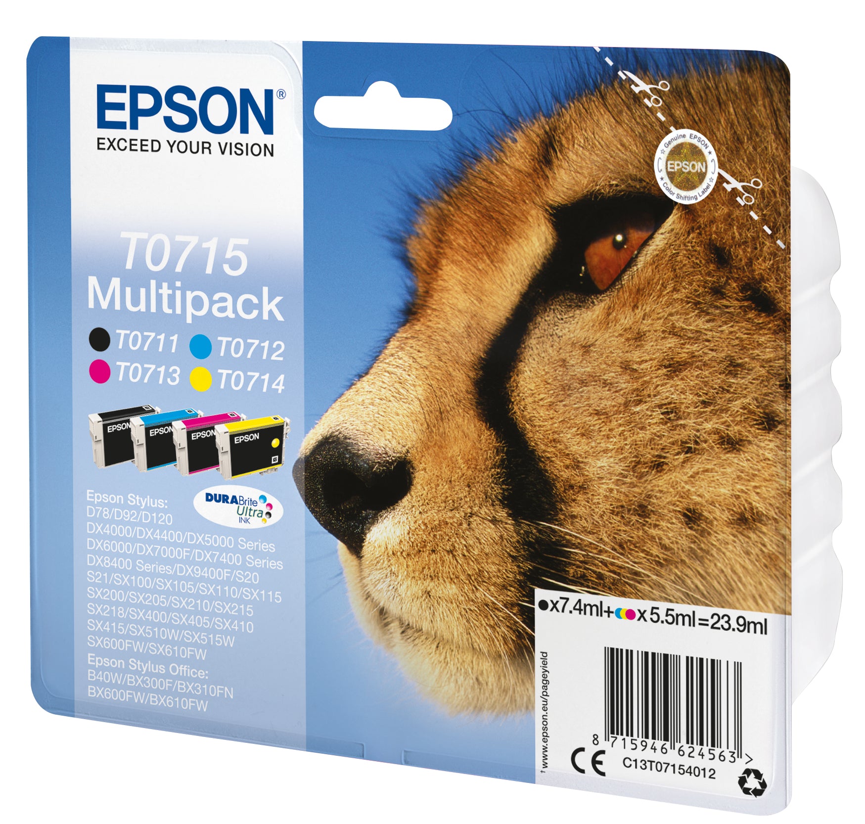 Epson Tintenpatronen-Multipack T0715, CMYK, 4er-Pack – für verschiedene Modelle