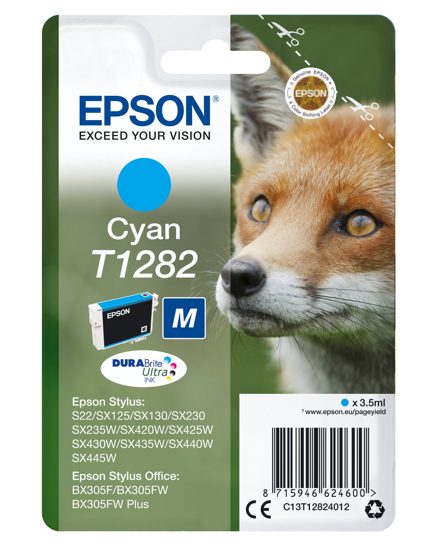 Epson T1282 Cyan Tintenpatrone (Original) – 3,5 ml – für Epson Stylus SX445W/SX440W/SX435W … – C13T12824022