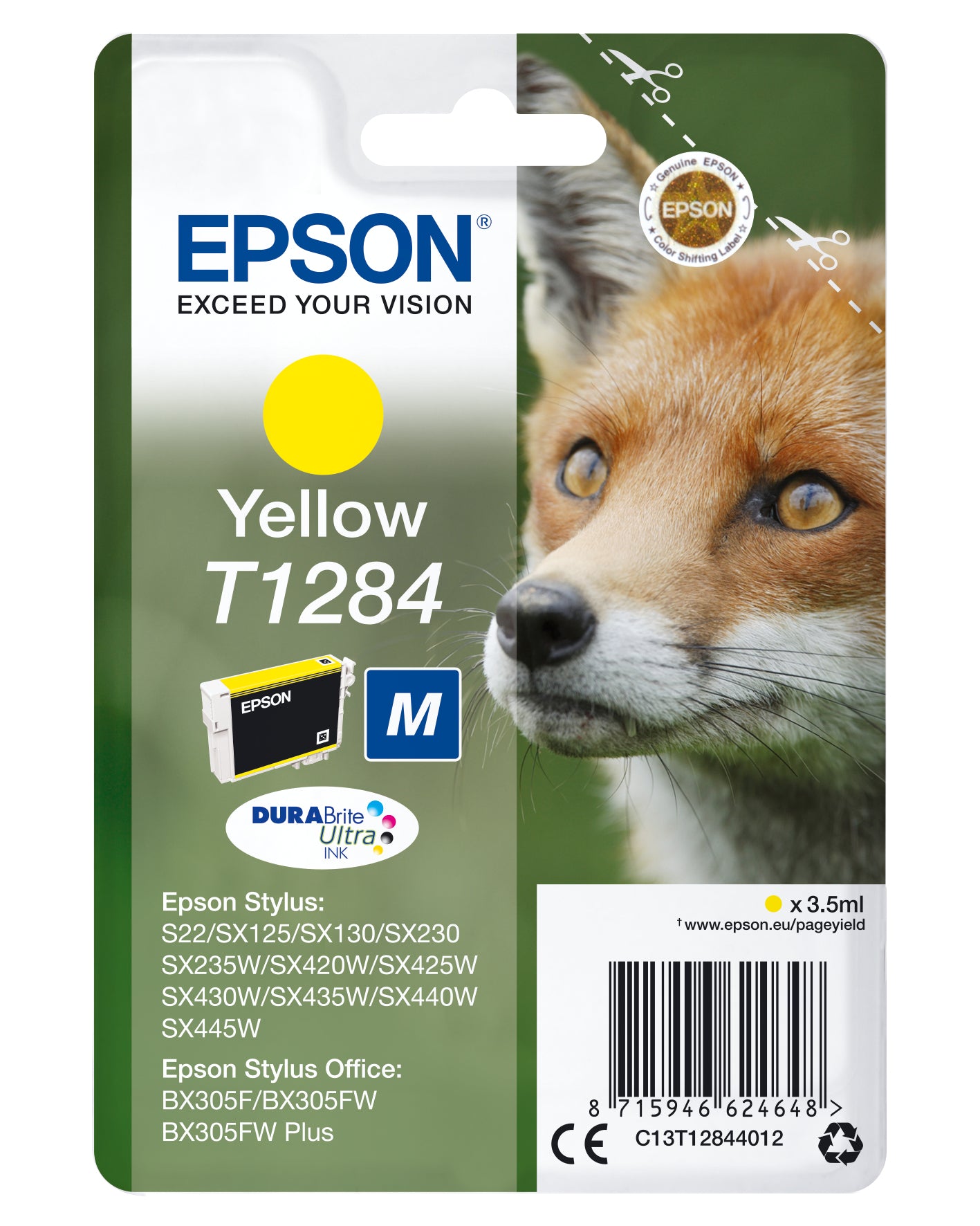 Epson T1284 Gelbe Tintenpatrone (Original) – 3,5 ml – für Stylus SX445W/440W/435W, BX305FW, S22 – C13T12844022