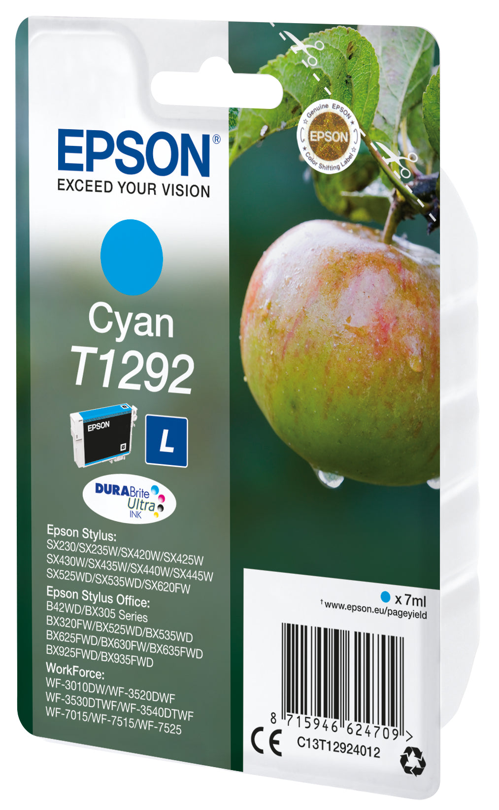 Epson T1292 Cyan Tintenpatrone (Original) – 7 ml – für Epson WorkForce WF‑3520DWF/WF‑7525/WF‑7515