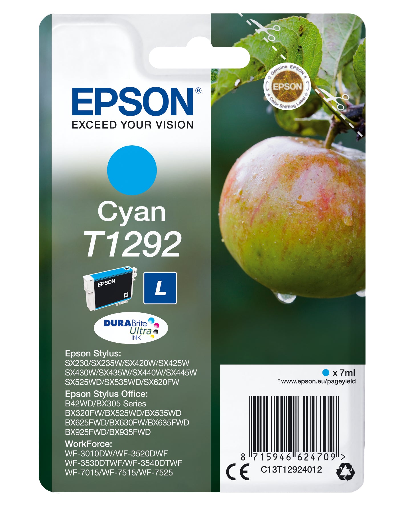 Epson T1292 Cyan Tintenpatrone (Original) – 7 ml – für Epson WorkForce WF‑3520DWF/WF‑7525/WF‑7515