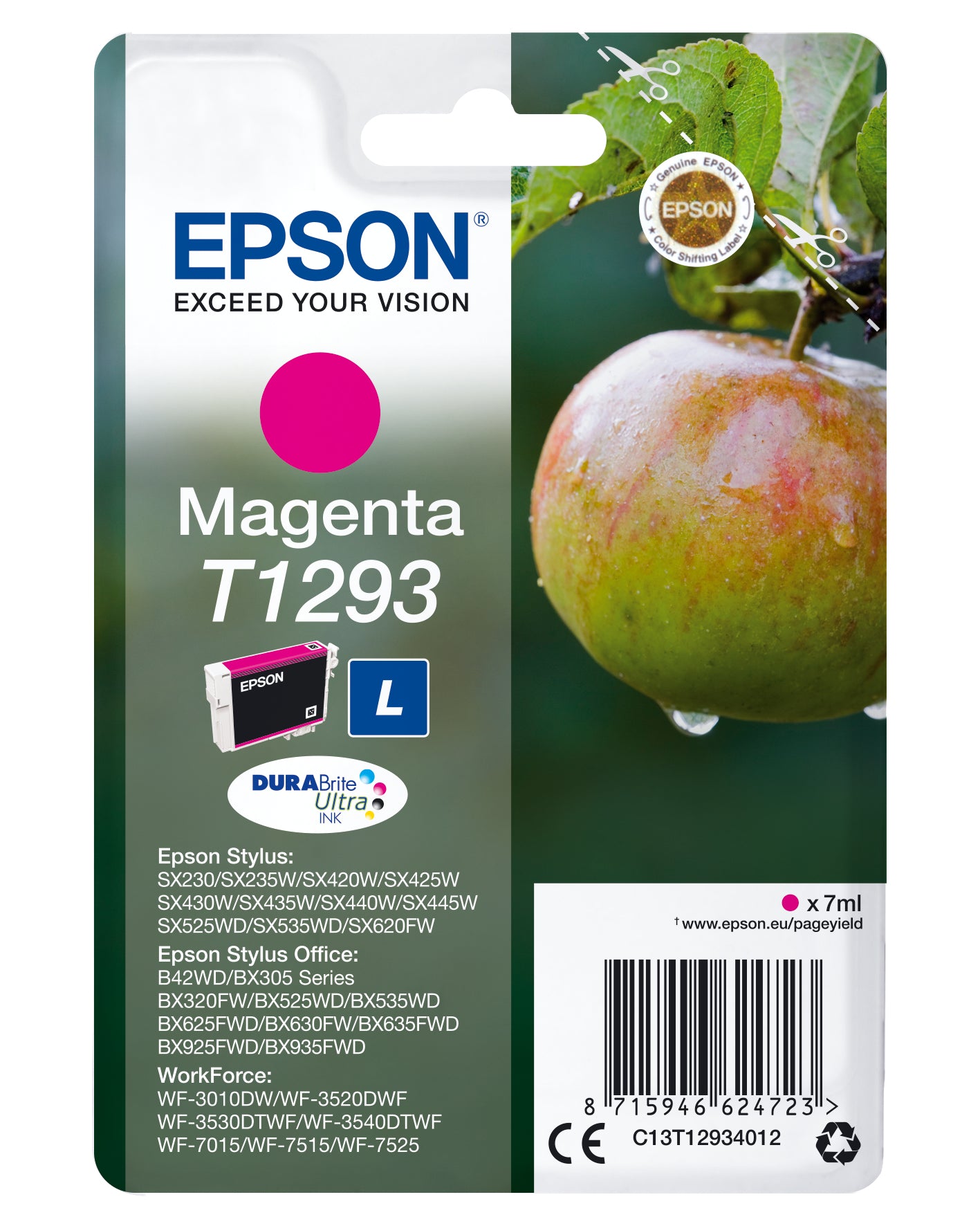 Epson T1293 Magenta Tintenpatrone (Original) – 7 ml – für Epson WorkForce WF-3520DWF/WF-7525/WF-7515 …