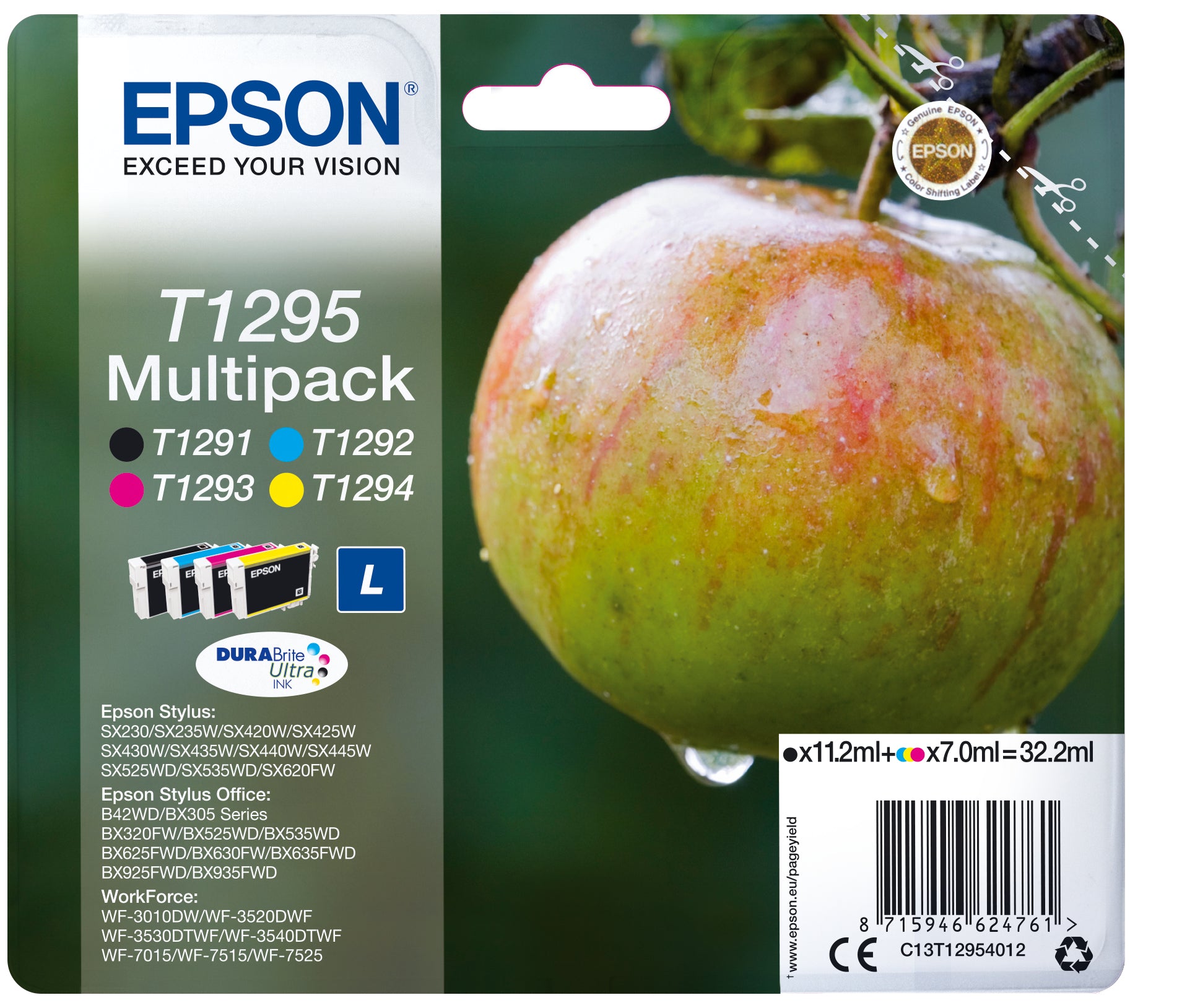 Epson Tintenpatronen-Multipack T129, CMYK, Hohe Reichweite, 4er-Pack (11,2 ml + 3×7 ml), Original – für T129-Serie