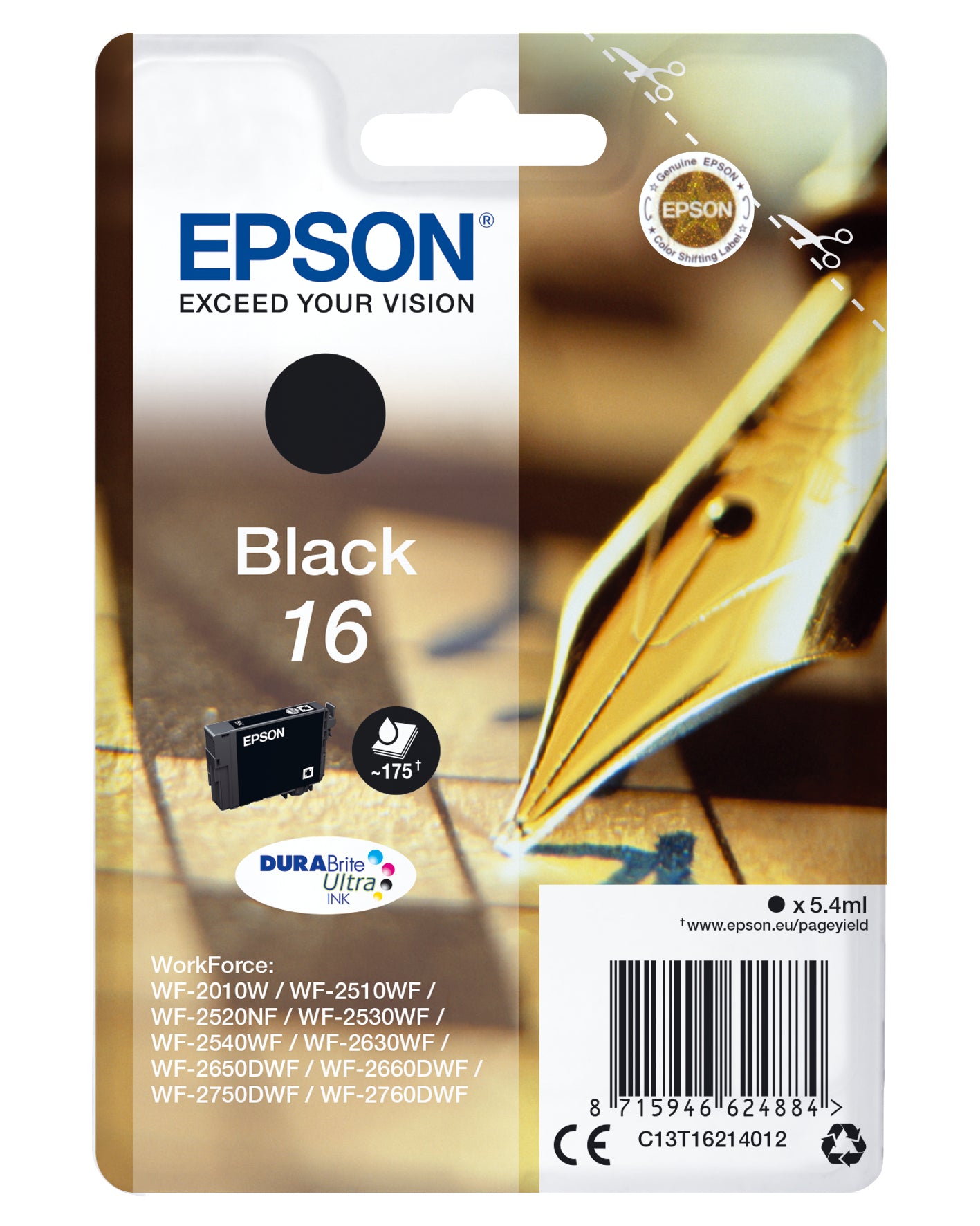 Epson 16 Schwarze Tintenpatrone (Original) – 175 Seiten – für WorkForce WF-2760DWF/2750DWF/2660DWF