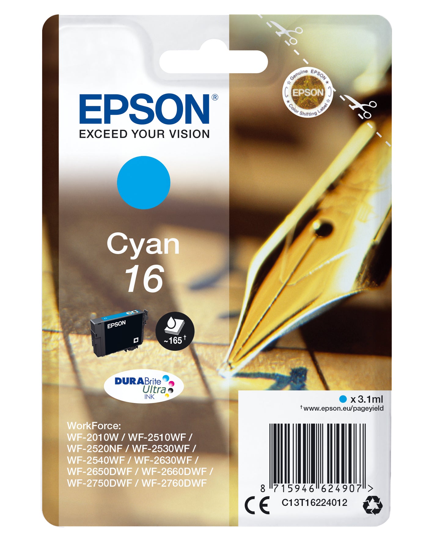 Epson Cyan Tintenpatrone (Original) – 165 Seiten – für Epson WorkForce WF-2760/2750/2660 … – C13T16224022
