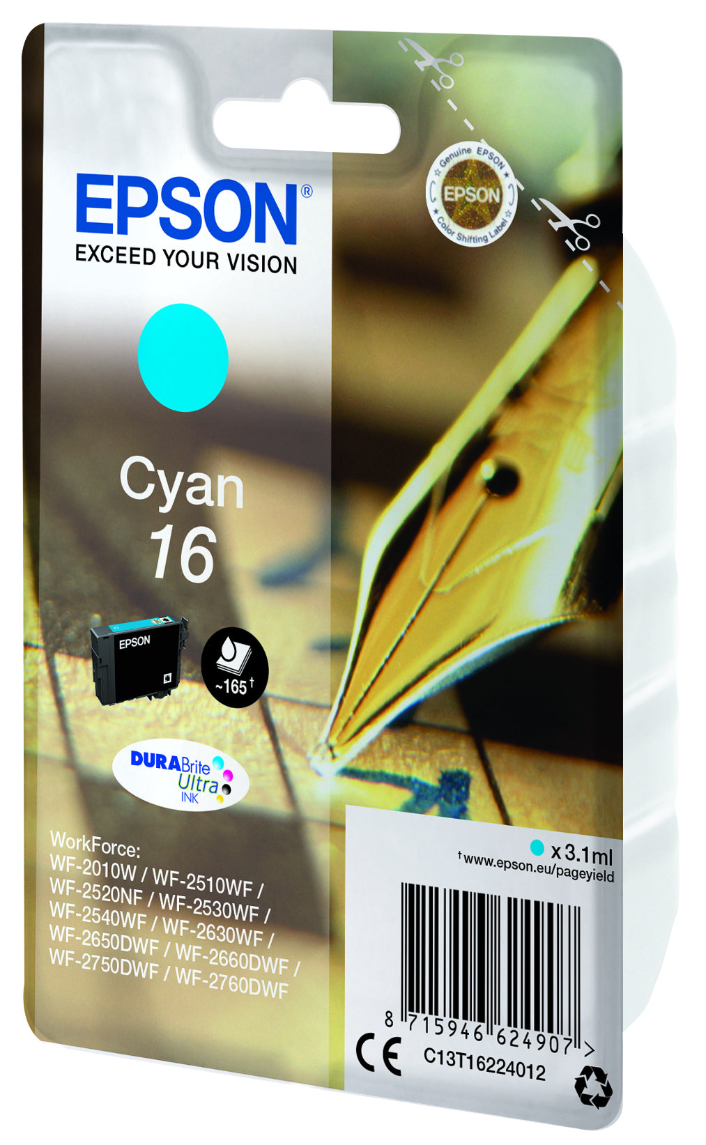 Epson 16 Cyan Tintenpatrone (Original) – 165 Seiten – für WorkForce WF-2760DWF/2750DWF/2660DWF …