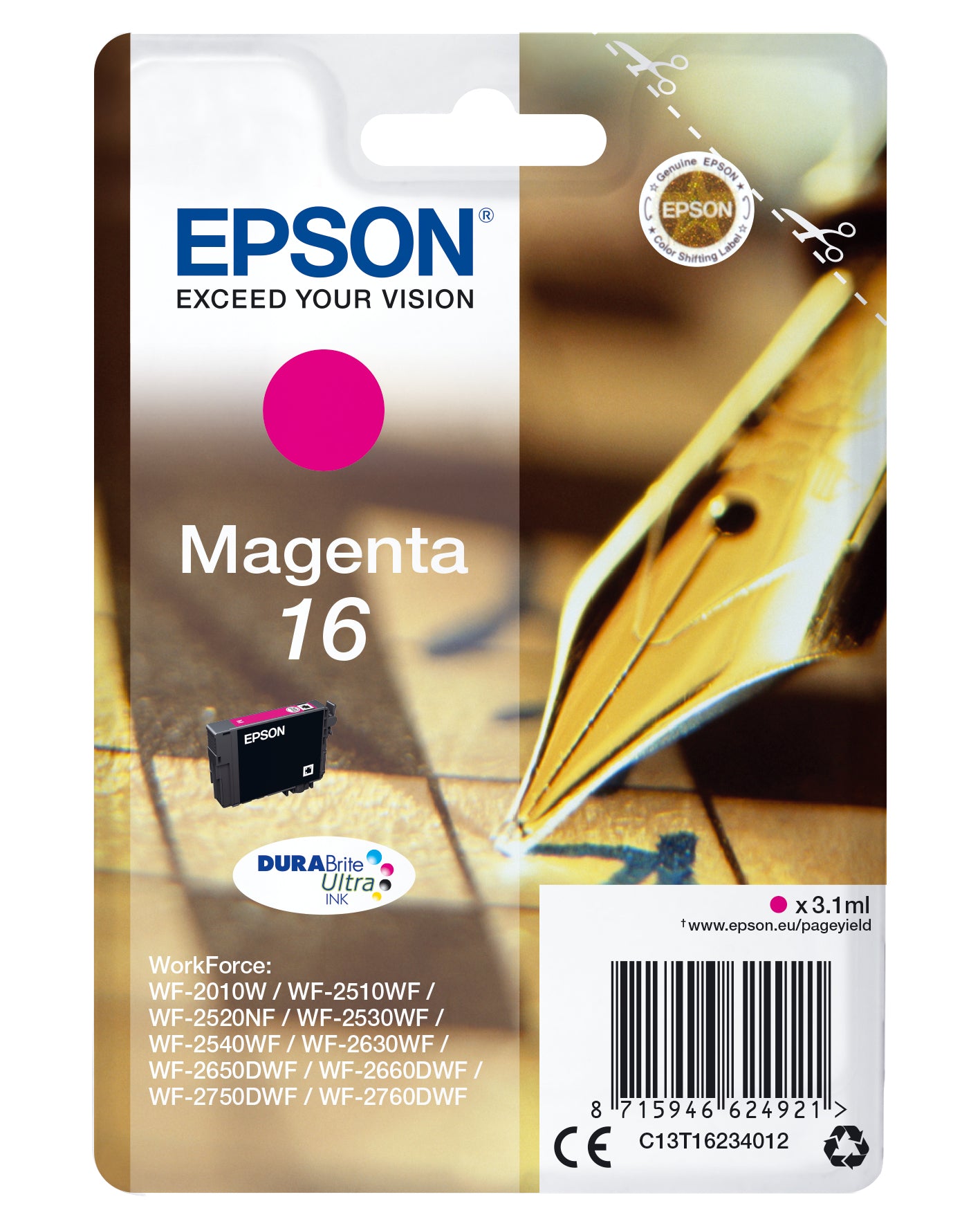 Epson 16 Magenta Tintenpatrone (Original) – 165 Seiten – für WorkForce WF-2760DWF/2750DWF/2660DWF