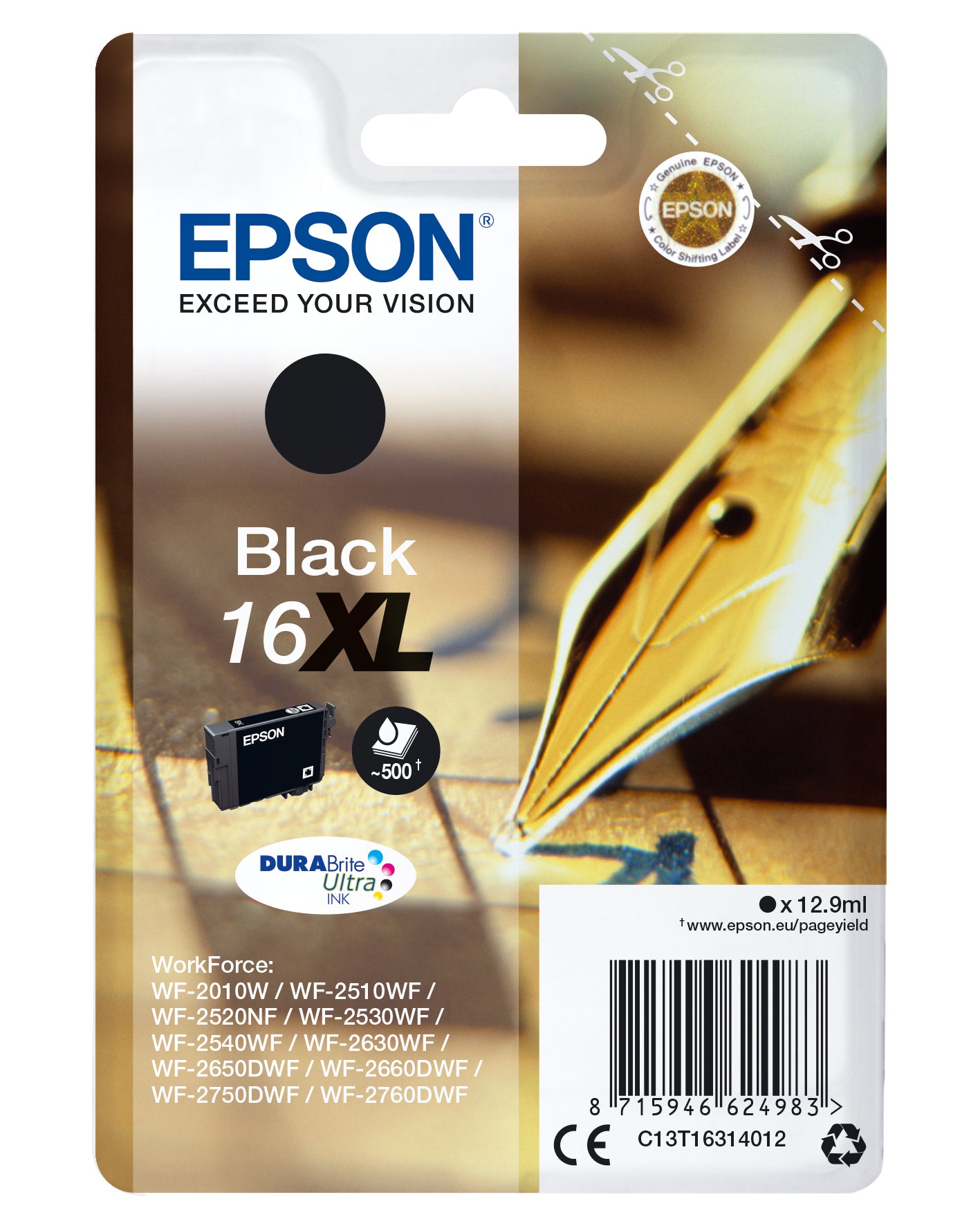 Epson 16XL Schwarz Tintenpatrone (Original) – 500 Seiten – für WorkForce WF-2760DWF/2750DWF/2660DWF