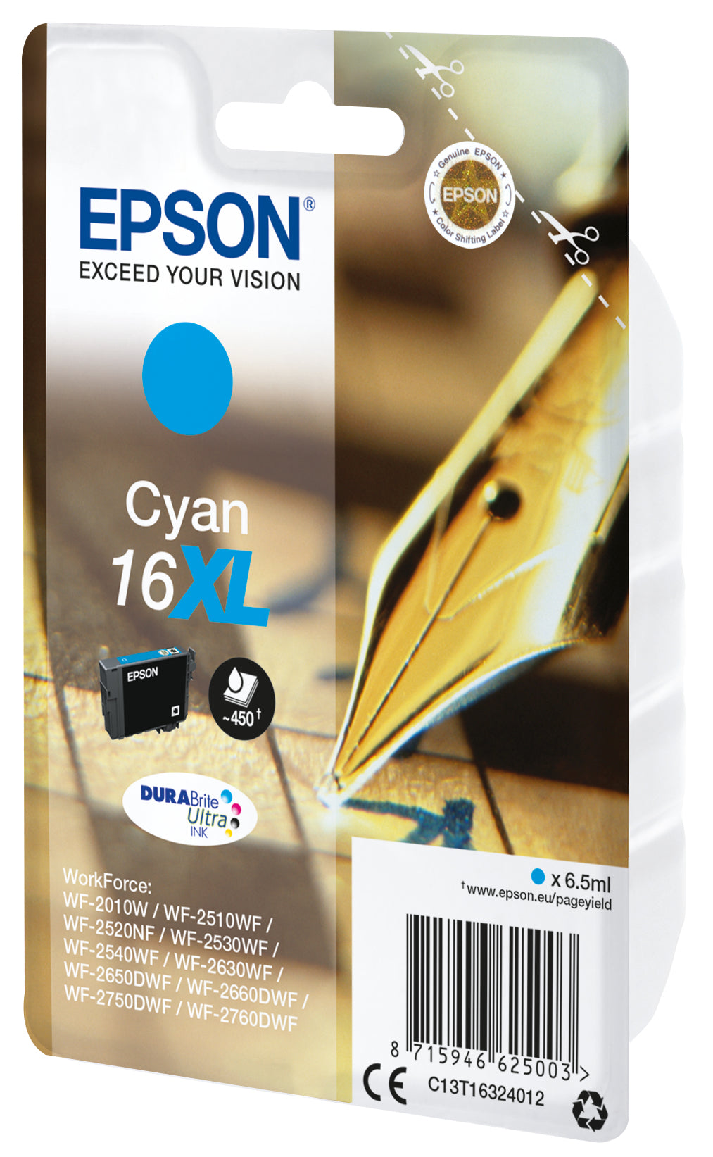 Epson 16XL Cyan Tintenpatrone (Original) – 450 Seiten – für WorkForce WF-2760DWF/2750DWF/2660DWF …