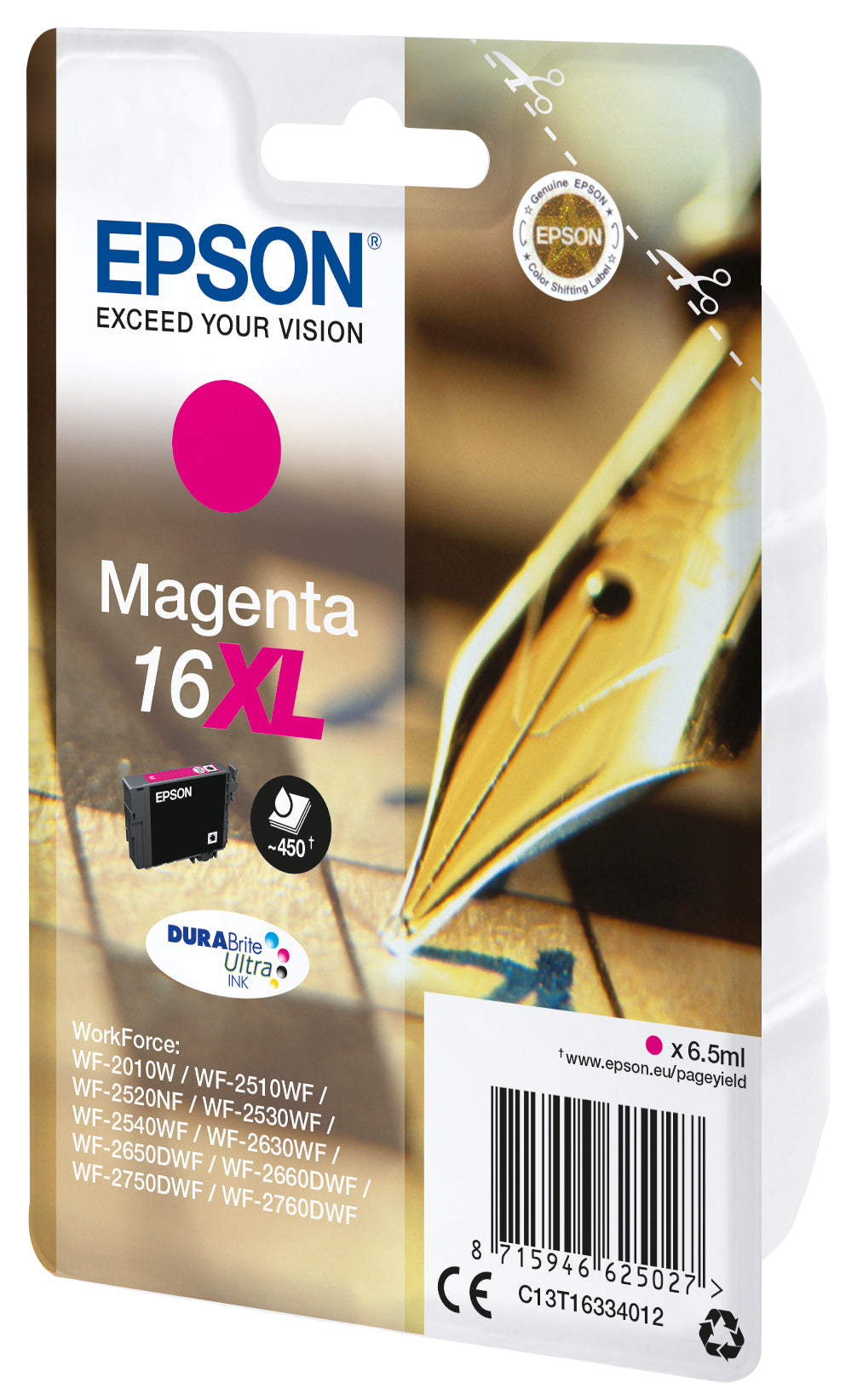 Epson 16XL Magenta Tintenpatrone (Original) – 450 Seiten – für WorkForce WF-2760DWF/2750DWF/2660DWF …