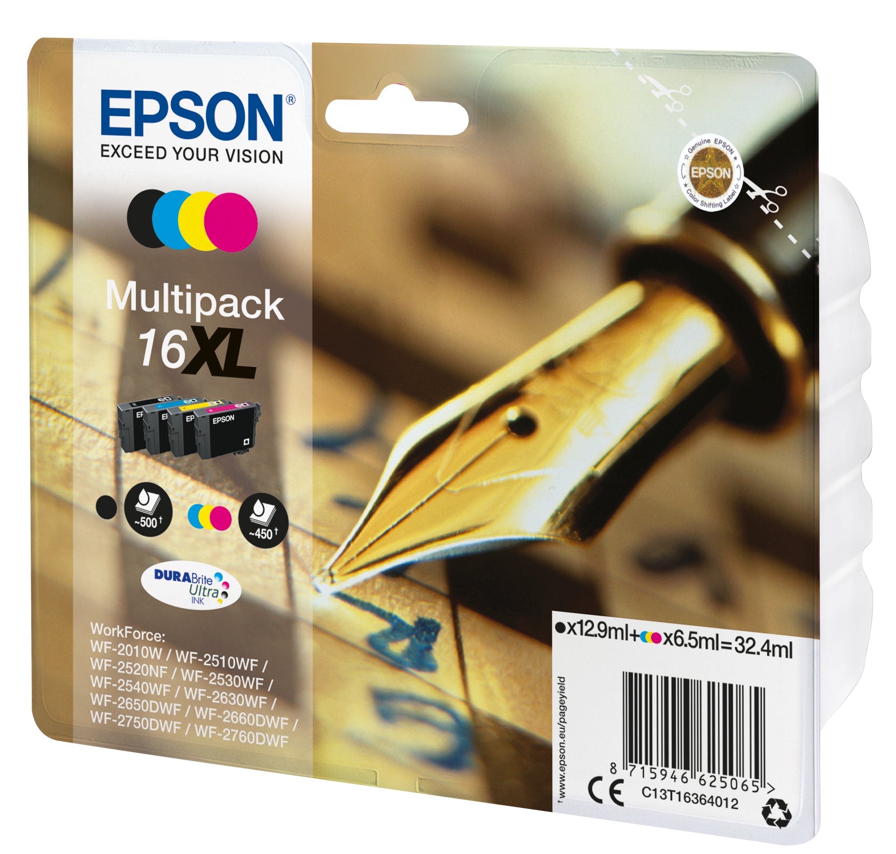Epson 16XL Tintenpatronen-Multipack, Schwarz/Cyan/Magenta/Gelb (Original) – für WorkForce WF-2760/2750 …