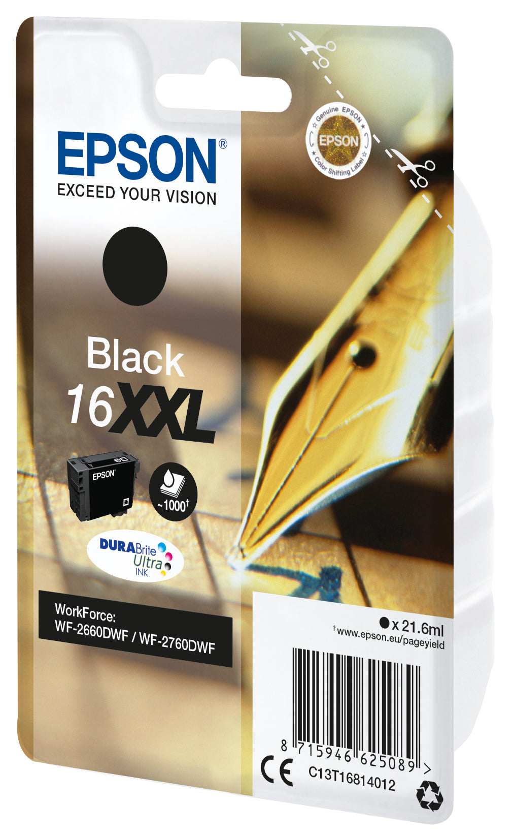 Epson T168140XL Schwarz Tintenpatrone (Original) – 1'000 Seiten – für WorkForce WF-2760DWF/2660DWF