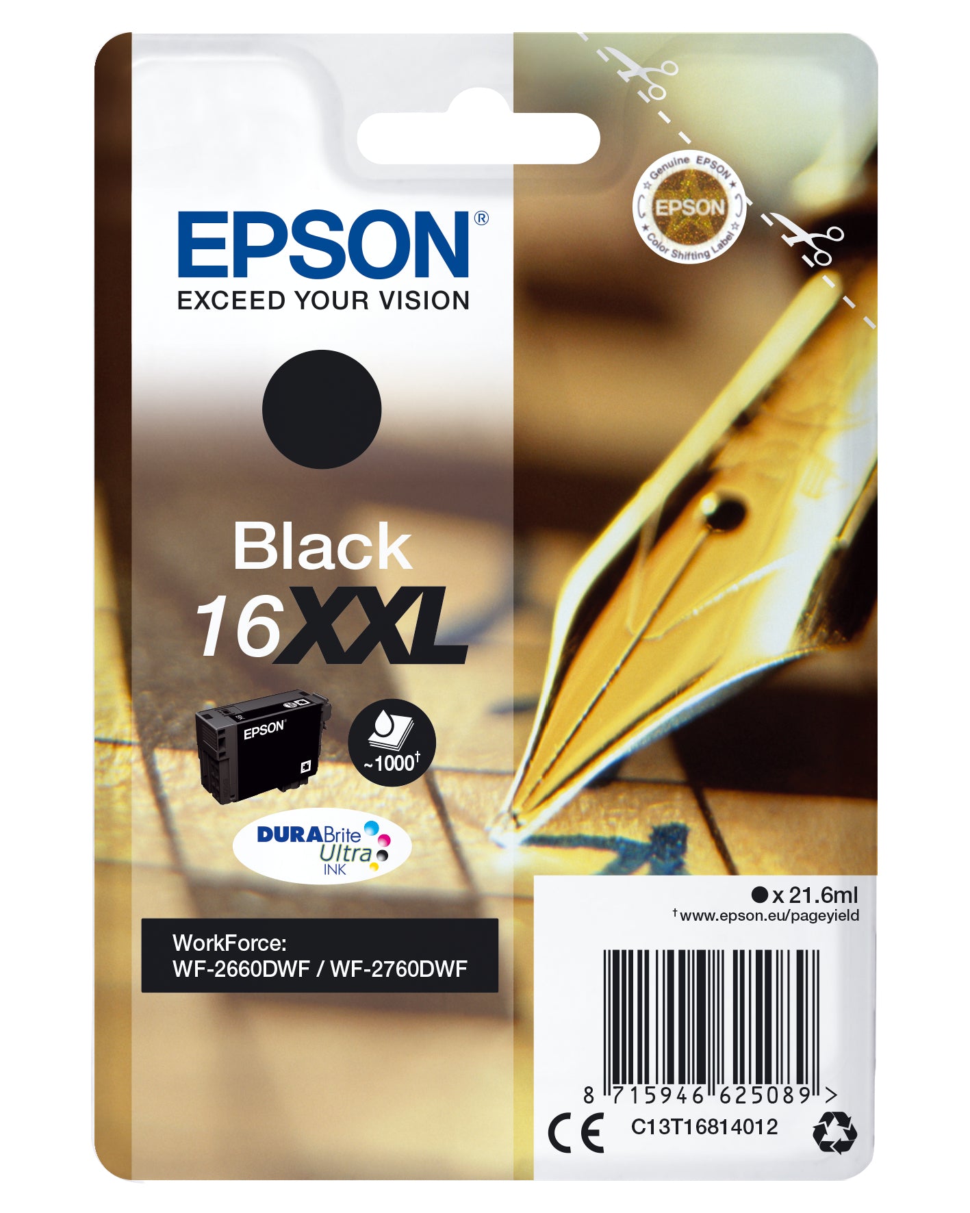 Epson T168140XL Schwarz Tintenpatrone (Original) – 1'000 Seiten – für WorkForce WF-2760DWF/2660DWF
