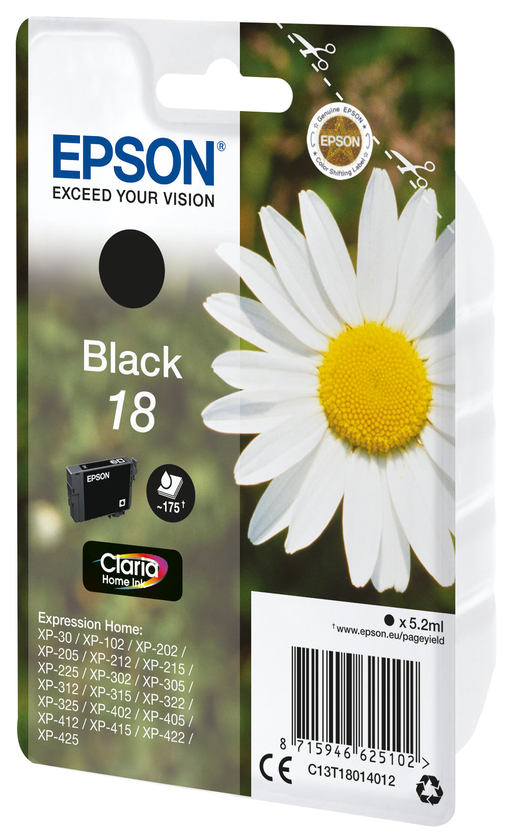 Epson 18 Schwarz Tintenpatrone (Original) – 175 Seiten – für Epson Expression Home XP-425/422/415 …