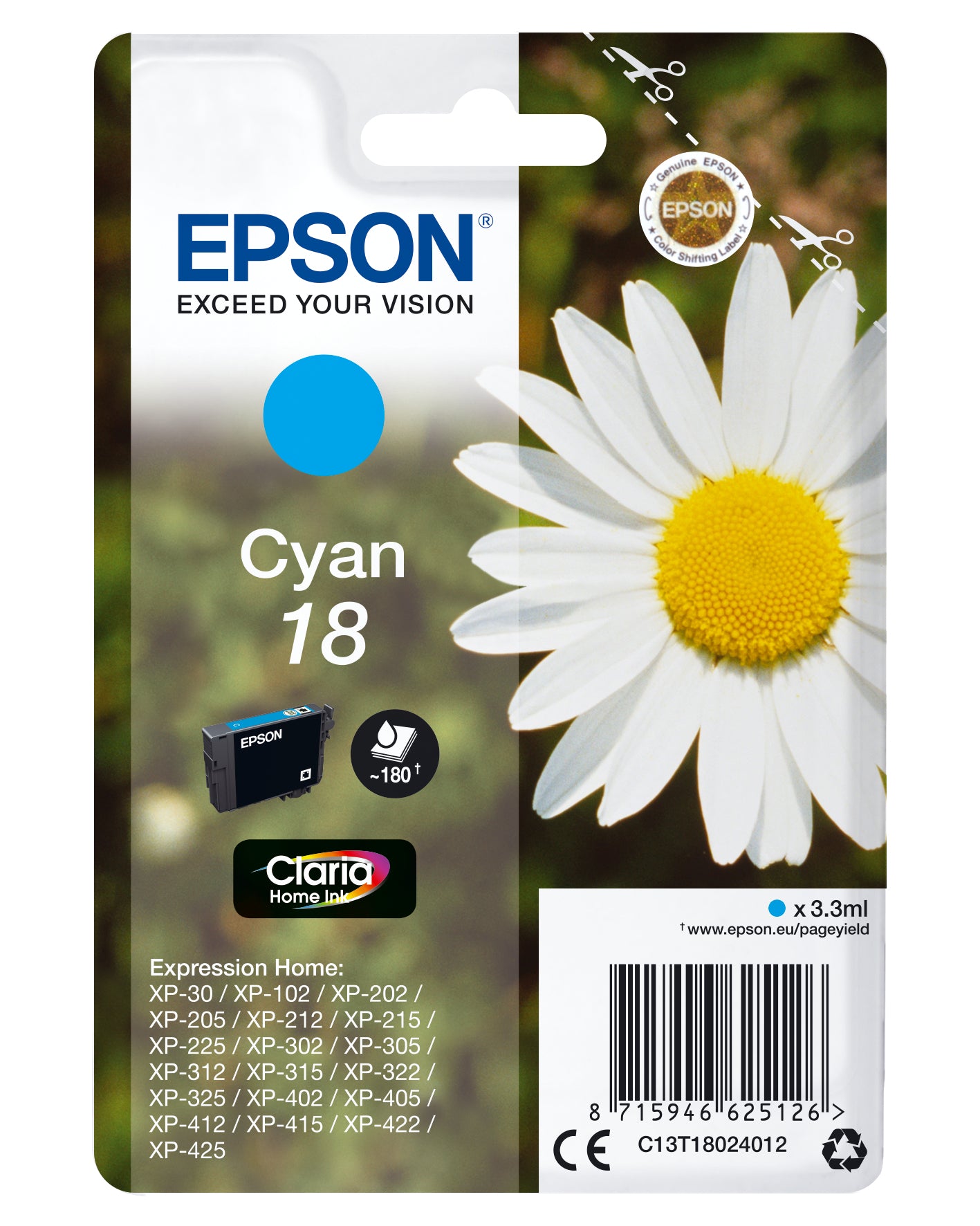 Epson 18 Cyan Tintenpatrone (Original) – 180 Seiten – für Epson Expression Home XP-425/XP-422/XP-415