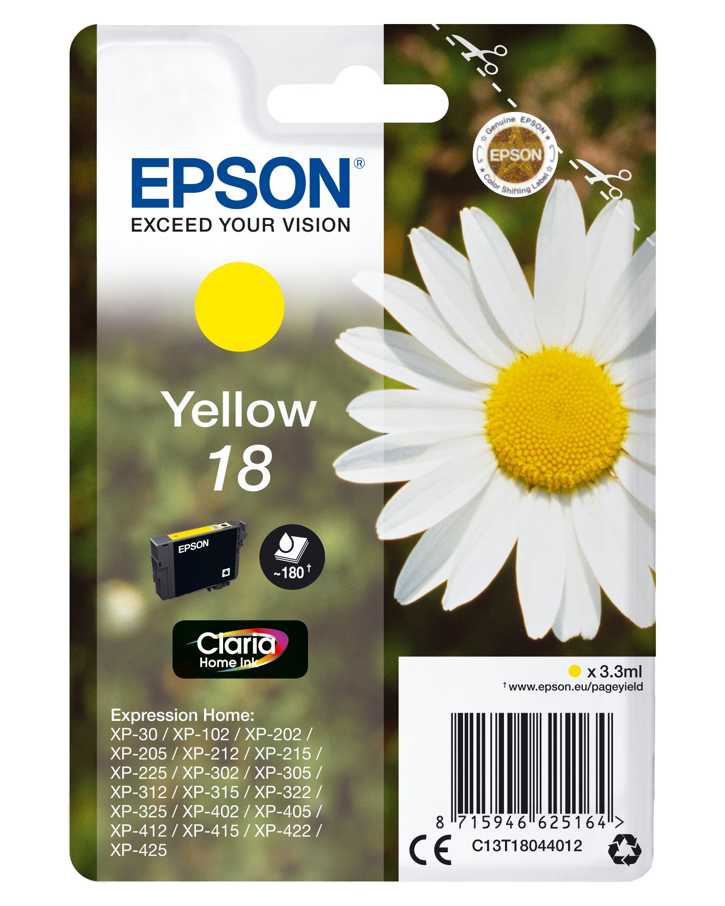 Epson 18 Gelbe Tintenpatrone (Original) – 180 Seiten – für Expression Home XP-425/XP-422/XP-415 …