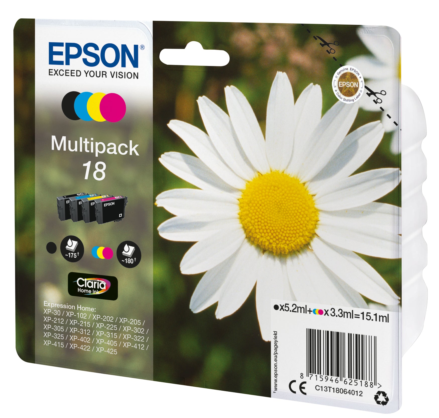 Epson Tintenpatronen-Multipack C13T18064022, CMYK, Original – für Expression Home XP-425, XP-422, XP-415 und andere