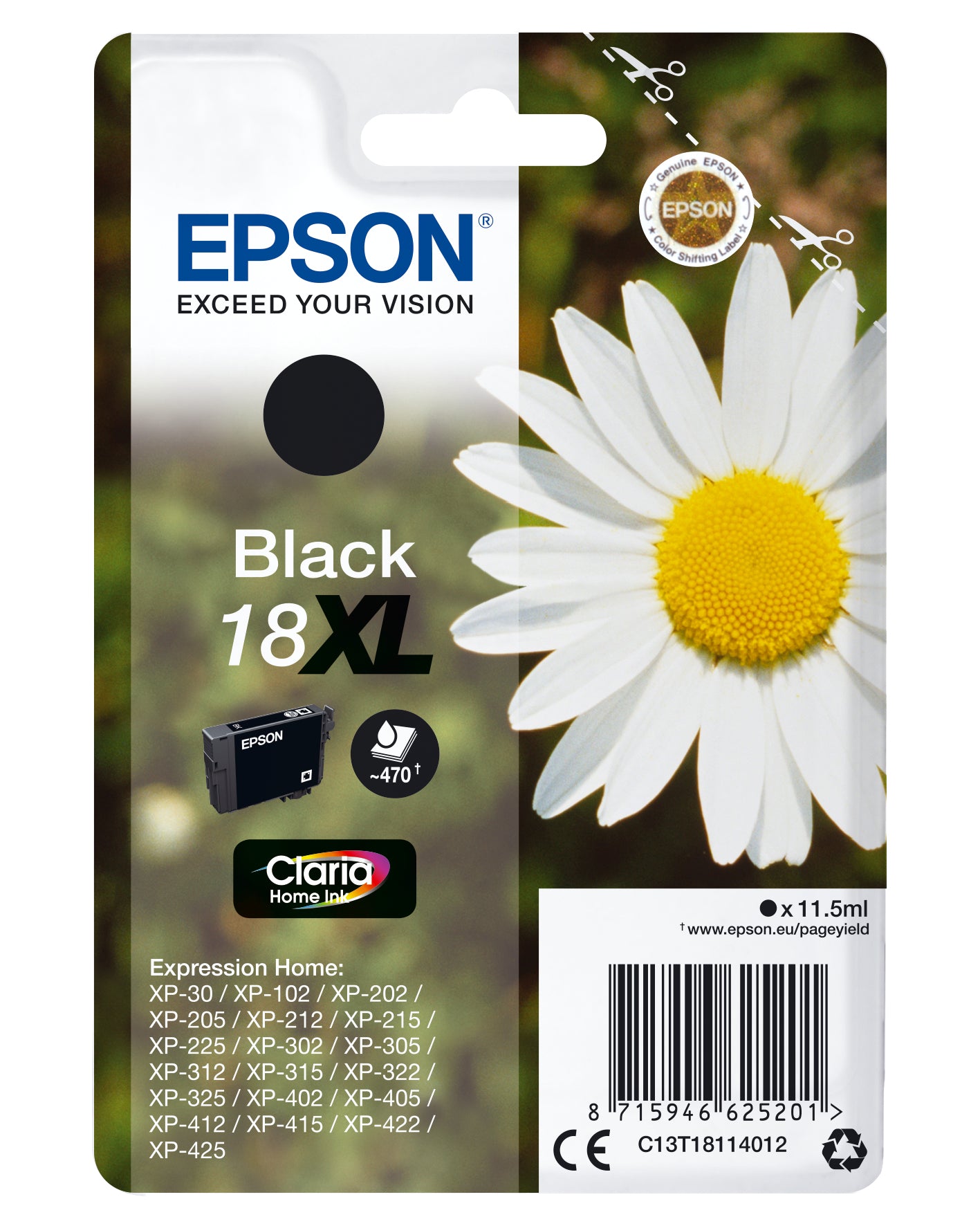 Epson Tintenpatrone 18XL (C13T18114022), Schwarz, 470 Seiten – für Expression Home XP-425, XP-422 und andere