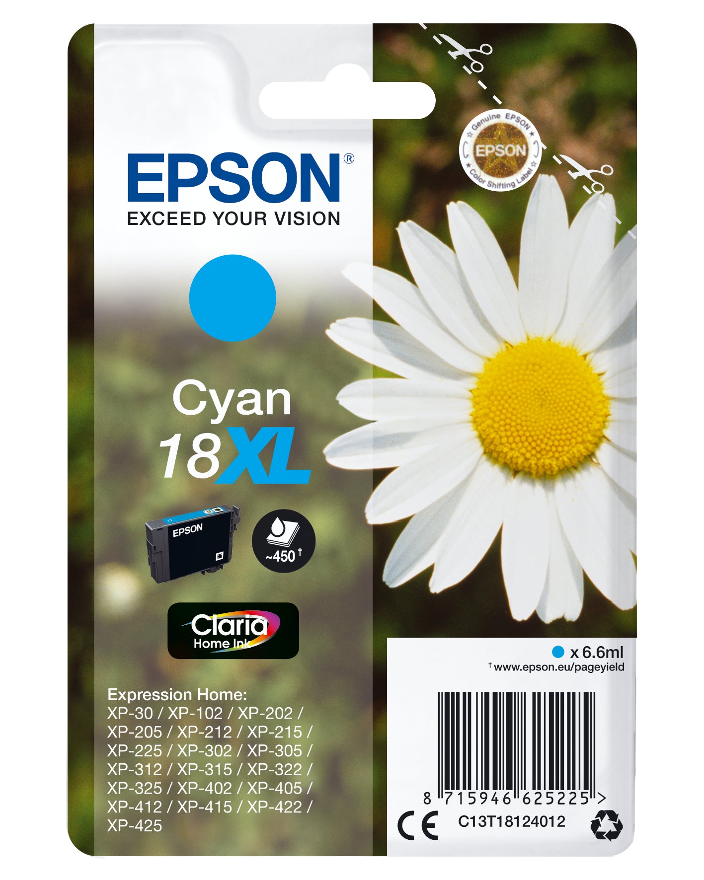 Epson 18XL Cyan Tintenpatrone (Original) – 450 Seiten – für Expression Home XP‑425/422/415 …