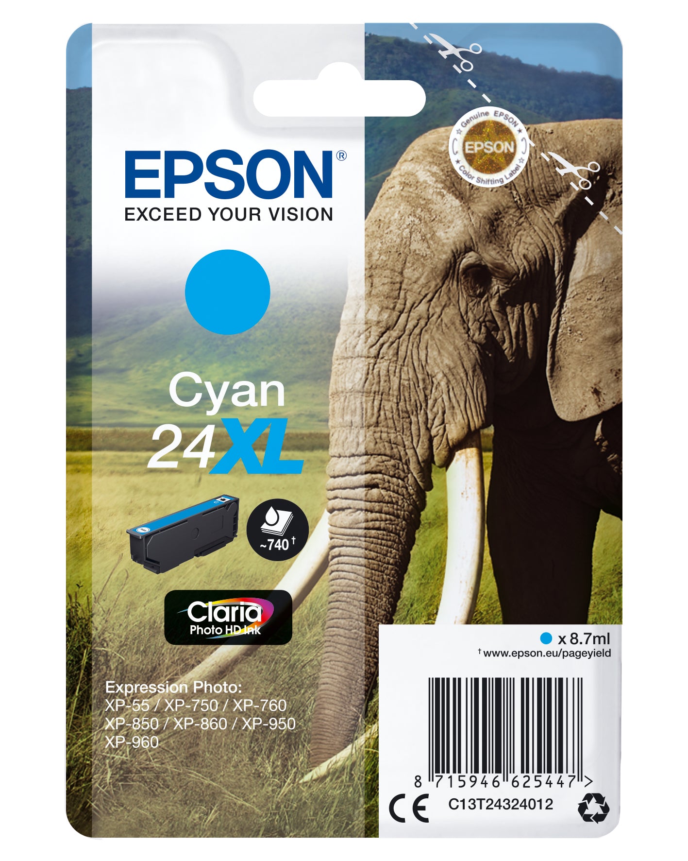Epson 24XL Cyan Tintenpatrone (Original) – 740 Seiten – für Epson Expression Photo XP-960/XP-950/XP-860 …