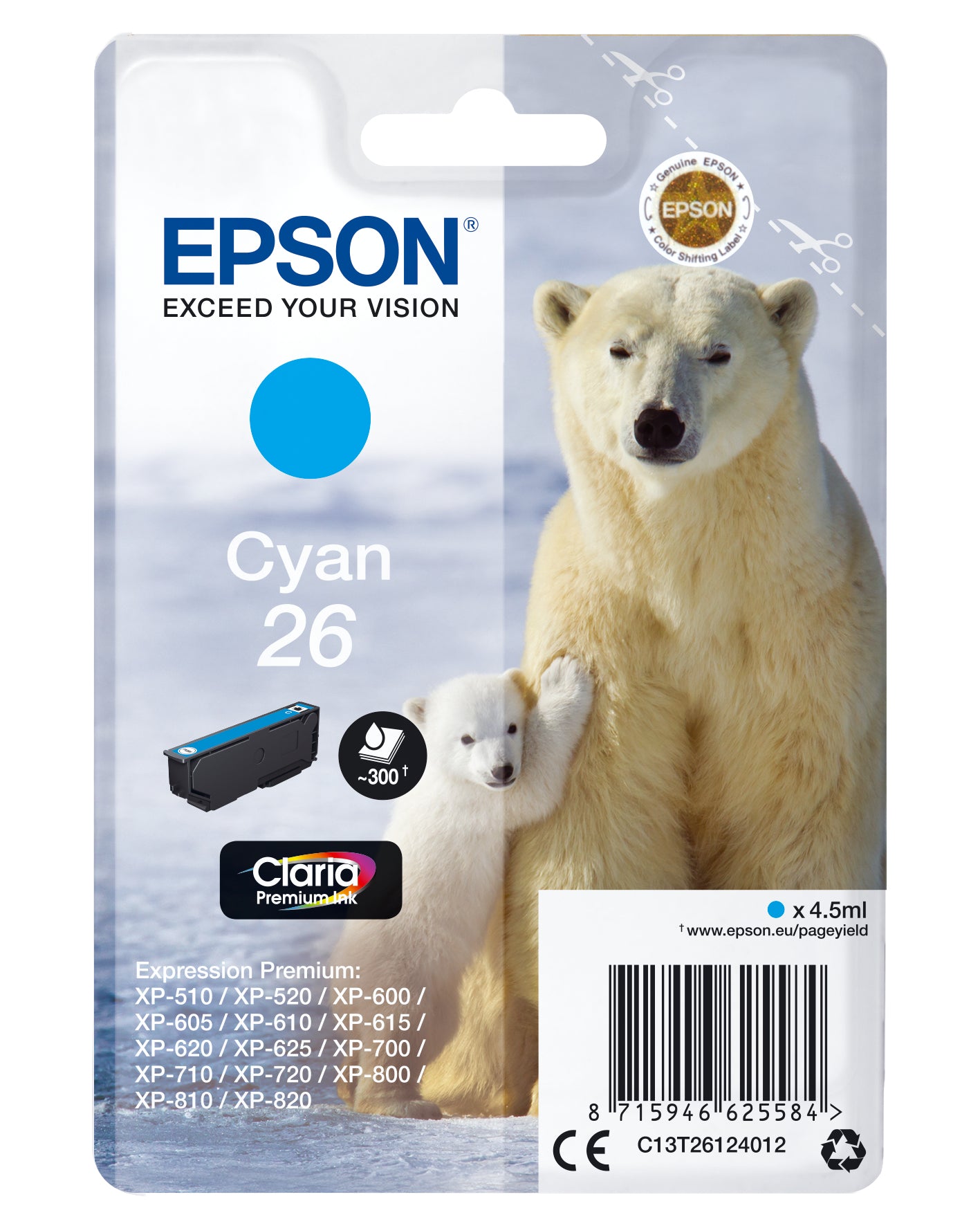 Epson T261240 Cyan Tintenpatrone (Original) – 300 Seiten – für Epson Expression Premium XP-820/XP-720 …