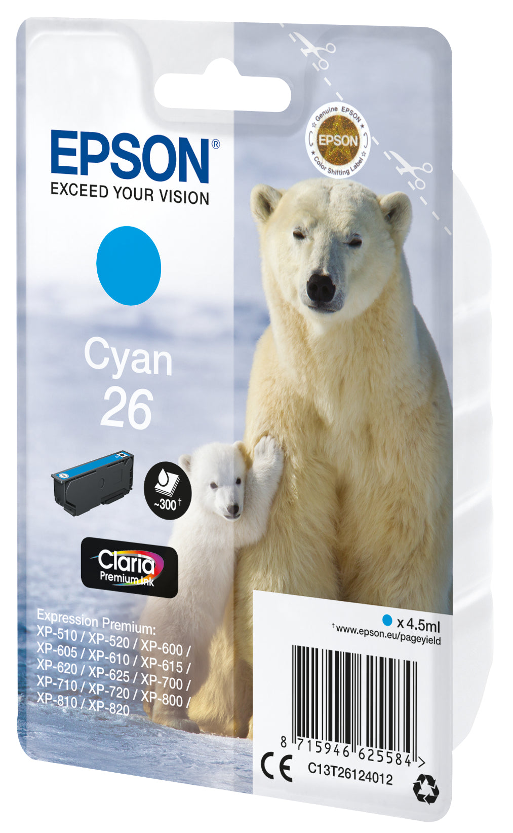 Epson T261240 Cyan Tintenpatrone (Original) – 300 Seiten – für Epson Expression Premium XP-820/XP-720 …