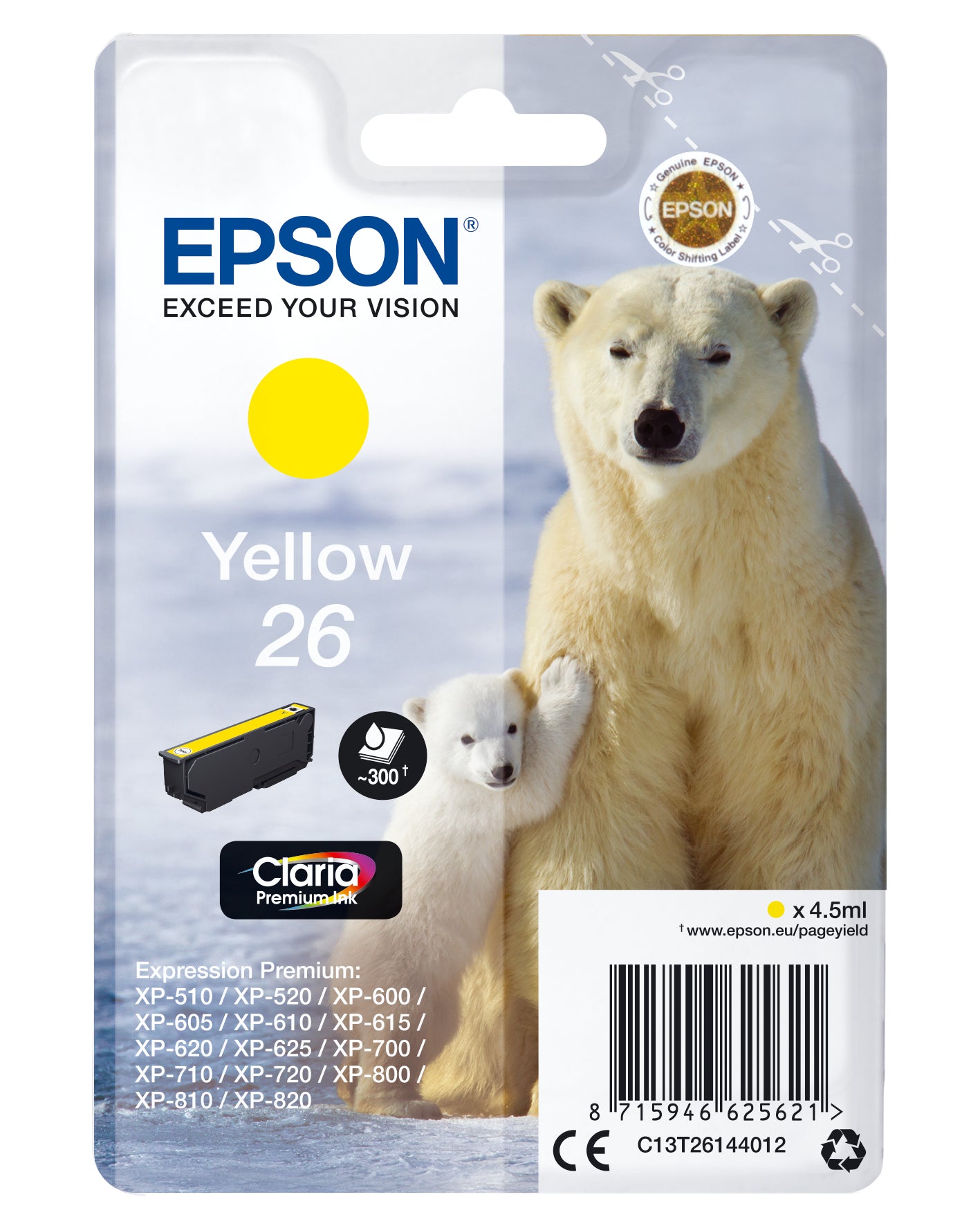 Epson Tintenpatrone – Claria Premium Ink, Gelb, T26