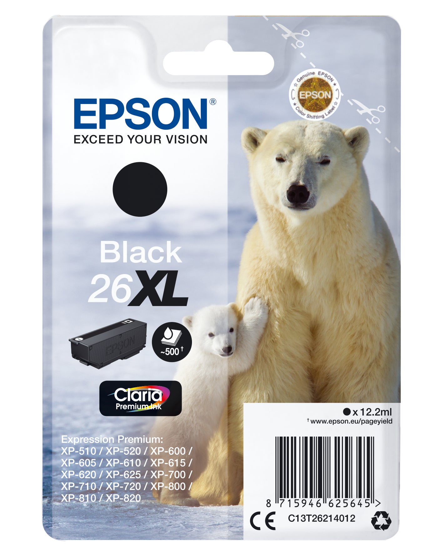 Epson 26XL Schwarz Tintenpatrone (Original) – 500 Seiten – für Epson Expression Premium XP-820/720/625 …