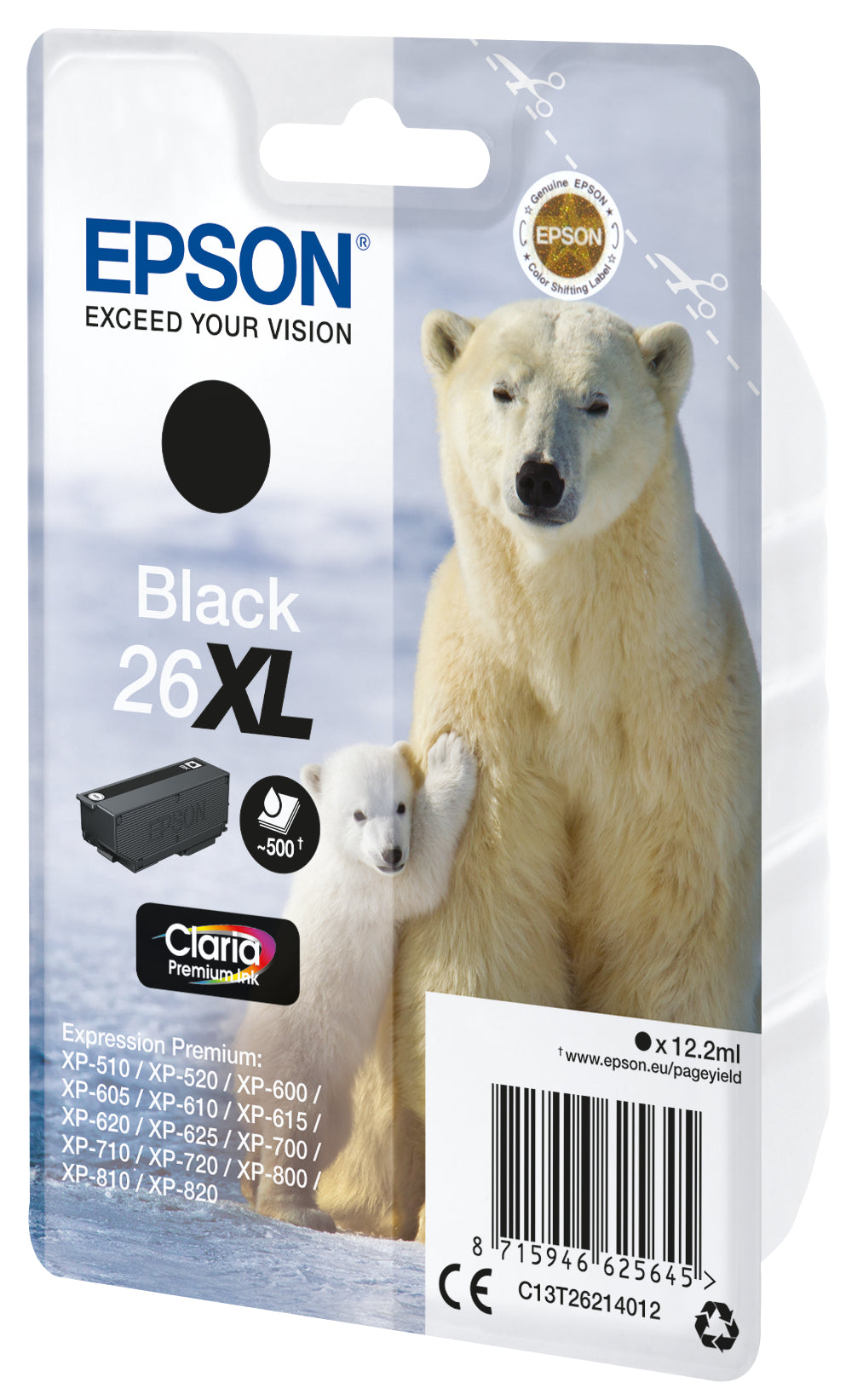 Epson 26XL Schwarz Tintenpatrone (Original) – 500 Seiten – für Expression Premium XP-820/XP-720/XP-625 …