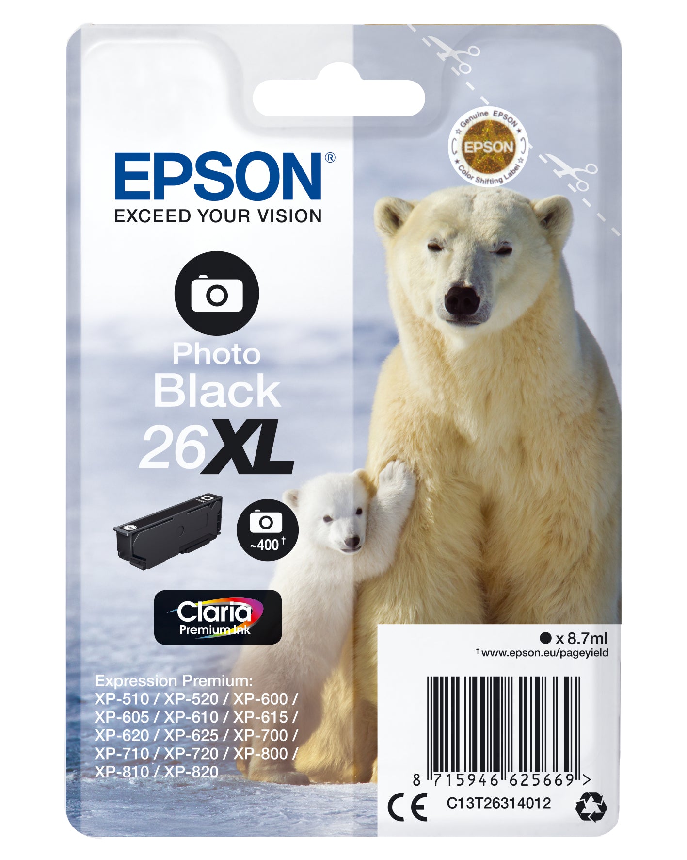 Epson 26XL Foto-Schwarz Tintenpatrone (Original) – 400 Seiten – für Epson XP-820/XP-720/XP-625 – C13T26314022